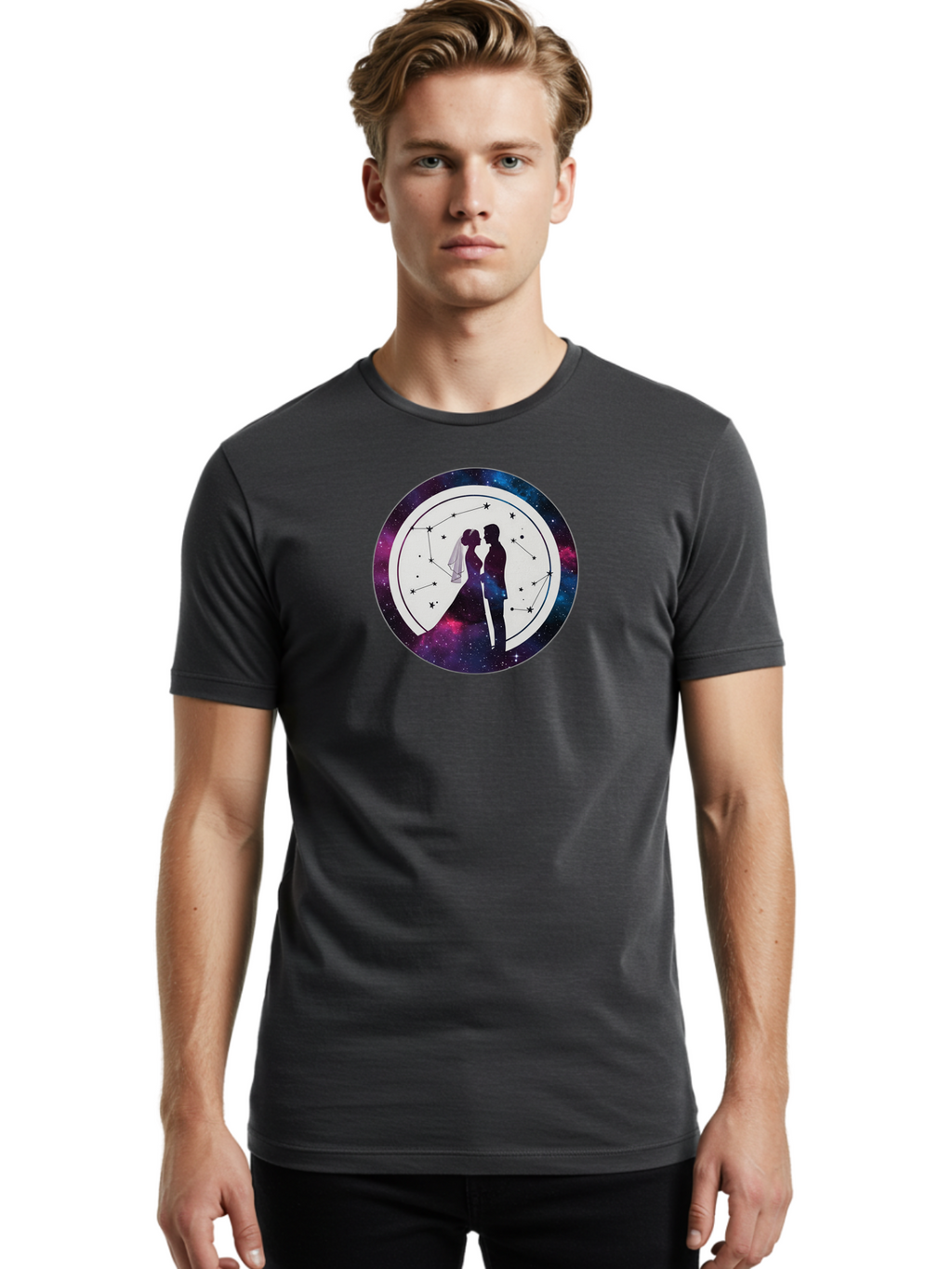 Couple-Silhouette-2 Men'S Graphic Tee, 100% Cotton, Comfortable Casual Summer Wear, Machine Washable, Couple Silhouette, Starry Night Sky, Constellation Pattern, Galaxy Background, Romance, Love, Wedding, Astrology, Celestial Theme, Baa407