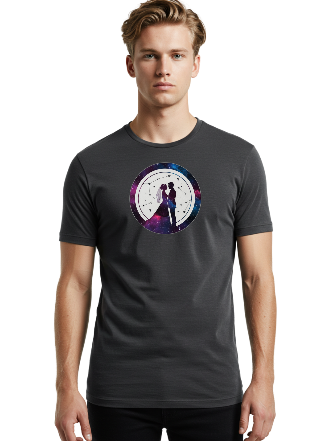 Couple-Silhouette-2 Men'S Graphic Tee, 100% Cotton, Comfortable Casual Summer Wear, Machine Washable, Couple Silhouette, Starry Night Sky, Constellation Pattern, Galaxy Background, Romance, Love, Wedding, Astrology, Celestial Theme, Baa407