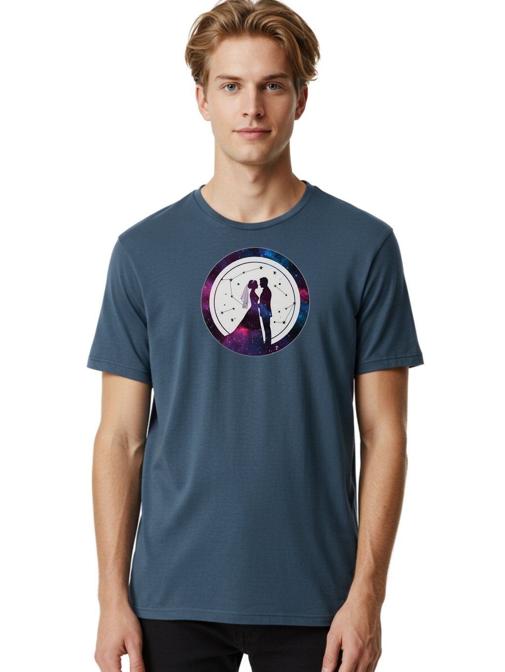 Couple-Silhouette-2 Men'S Graphic Tee, 100% Cotton, Comfortable Casual Summer Wear, Machine Washable, Couple Silhouette, Starry Night Sky, Constellation Pattern, Galaxy Background, Romance, Love, Wedding, Astrology, Celestial Theme, Baa407