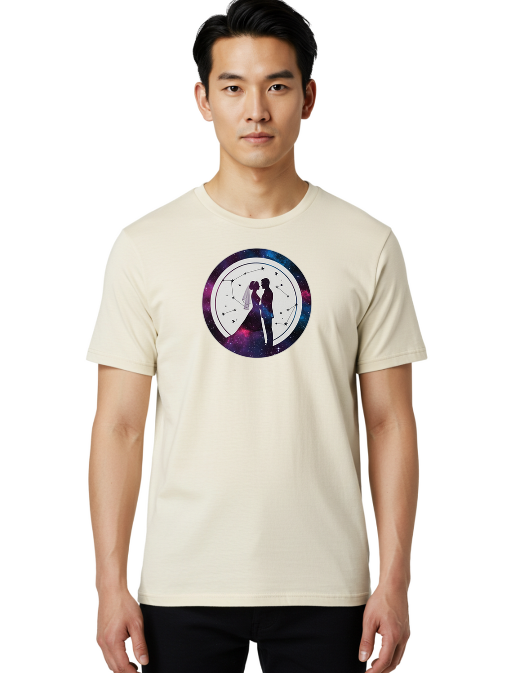Couple-Silhouette-2 Men'S Graphic Tee, 100% Cotton, Comfortable Casual Summer Wear, Machine Washable, Couple Silhouette, Starry Night Sky, Constellation Pattern, Galaxy Background, Romance, Love, Wedding, Astrology, Celestial Theme, Baa407