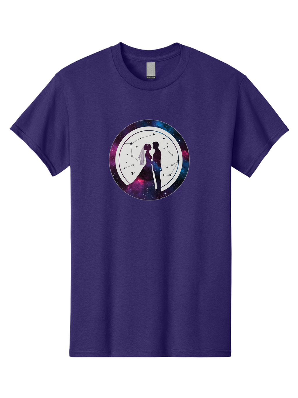Couple-Silhouette-2 Men'S Graphic Tee, 100% Cotton, Comfortable Casual Summer Wear, Machine Washable, Couple Silhouette, Starry Night Sky, Constellation Pattern, Galaxy Background, Romance, Love, Wedding, Astrology, Celestial Theme, Baa407