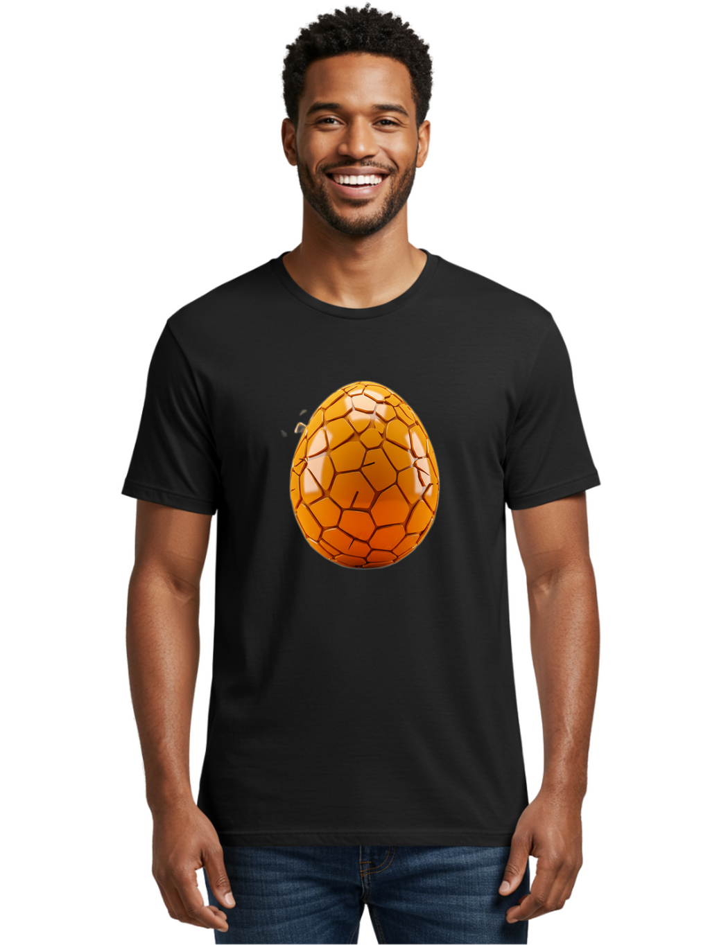 Cracked-Golden-Egg Men'S Graphic Tee, 100% Cotton, Comfortable Casual Summer Wear, Machine Washable, Soccer Ball Texture, Egg Shape, Golden Color, Shiny Surface, Geometric Pattern, Sporty Design, Unique Fusion, Easter Egg Inspiration, Baa411
