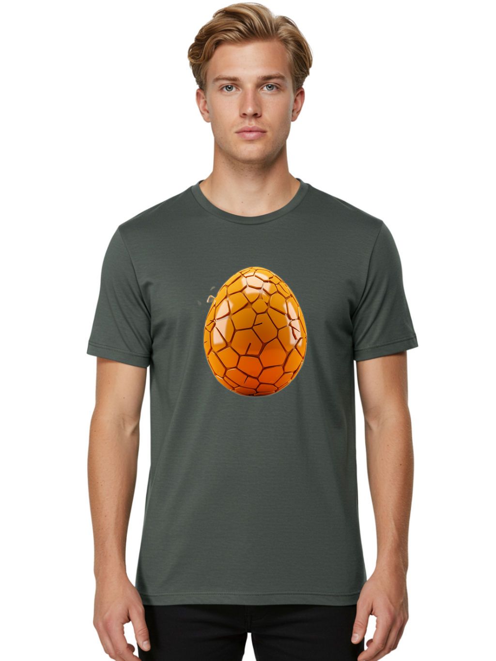 Cracked-Golden-Egg Men'S Graphic Tee, 100% Cotton, Comfortable Casual Summer Wear, Machine Washable, Soccer Ball Texture, Egg Shape, Golden Color, Shiny Surface, Geometric Pattern, Sporty Design, Unique Fusion, Easter Egg Inspiration, Baa411