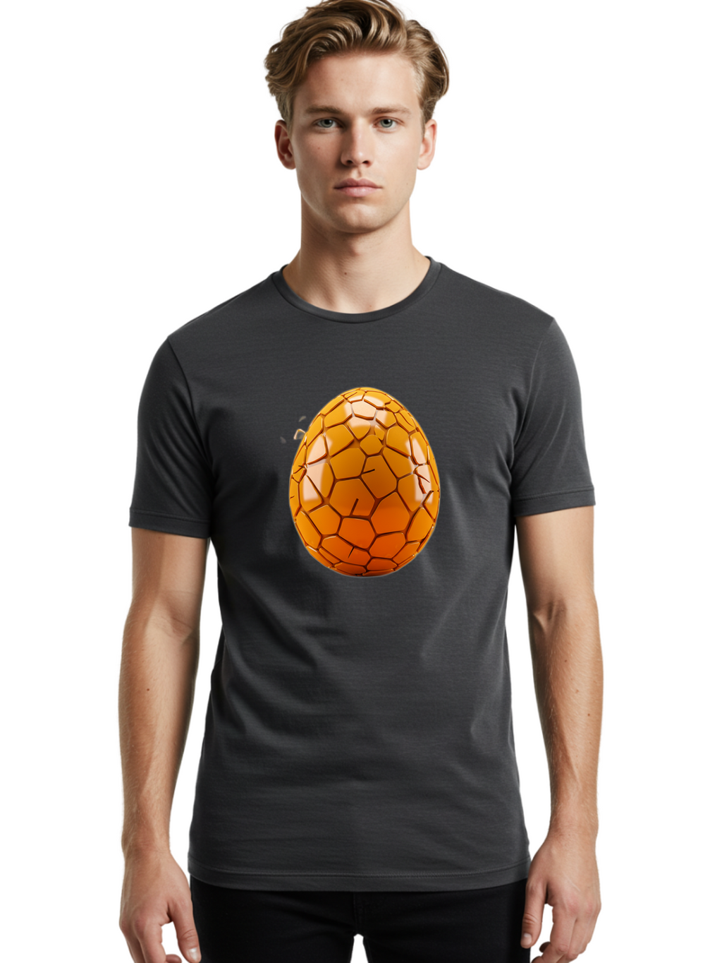 Cracked-Golden-Egg Men'S Graphic Tee, 100% Cotton, Comfortable Casual Summer Wear, Machine Washable, Soccer Ball Texture, Egg Shape, Golden Color, Shiny Surface, Geometric Pattern, Sporty Design, Unique Fusion, Easter Egg Inspiration, Baa411