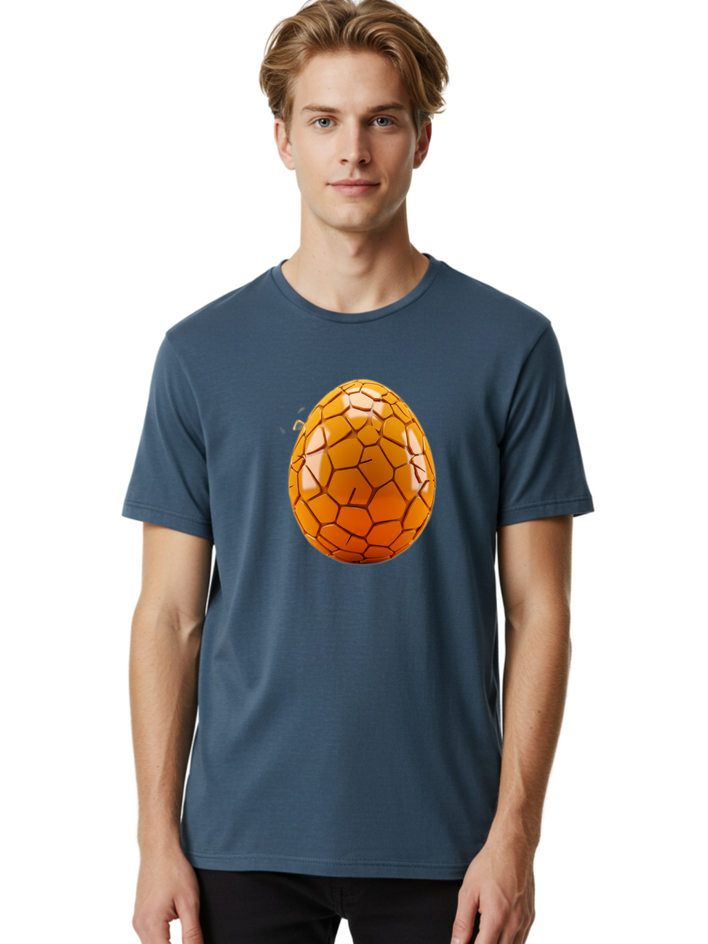 Cracked-Golden-Egg Men'S Graphic Tee, 100% Cotton, Comfortable Casual Summer Wear, Machine Washable, Soccer Ball Texture, Egg Shape, Golden Color, Shiny Surface, Geometric Pattern, Sporty Design, Unique Fusion, Easter Egg Inspiration, Baa411