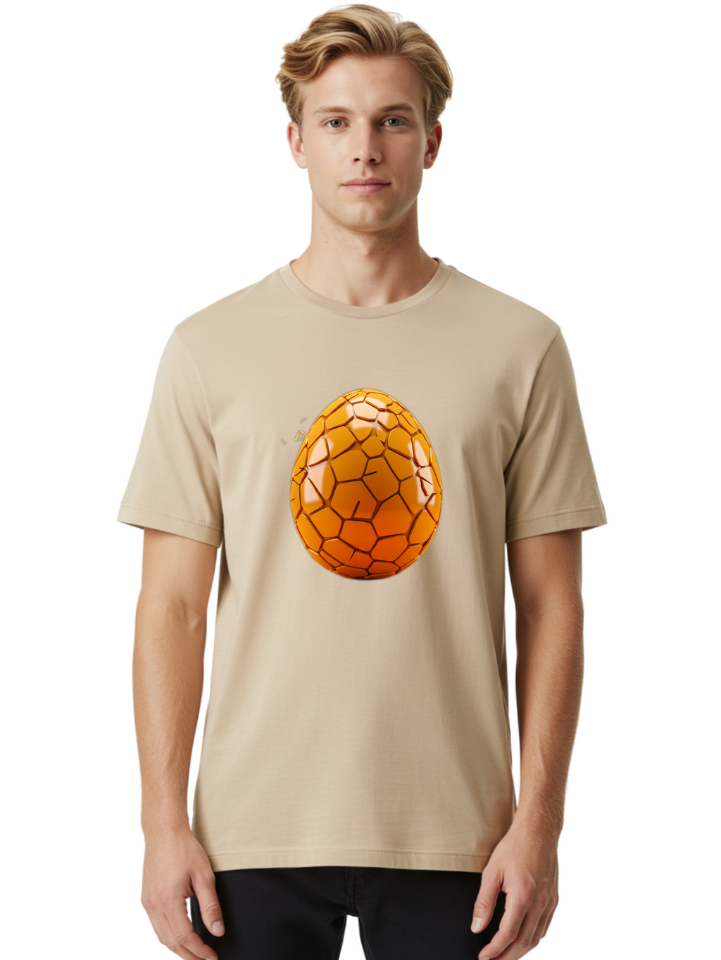 Cracked-Golden-Egg Men'S Graphic Tee, 100% Cotton, Comfortable Casual Summer Wear, Machine Washable, Soccer Ball Texture, Egg Shape, Golden Color, Shiny Surface, Geometric Pattern, Sporty Design, Unique Fusion, Easter Egg Inspiration, Baa411
