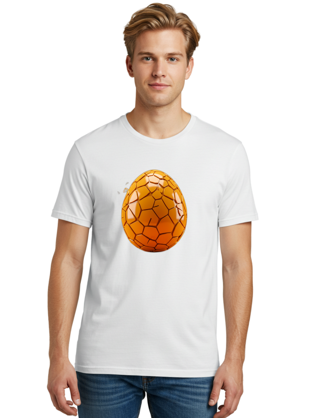Cracked-Golden-Egg Men'S Graphic Tee, 100% Cotton, Comfortable Casual Summer Wear, Machine Washable, Soccer Ball Texture, Egg Shape, Golden Color, Shiny Surface, Geometric Pattern, Sporty Design, Unique Fusion, Easter Egg Inspiration, Baa411