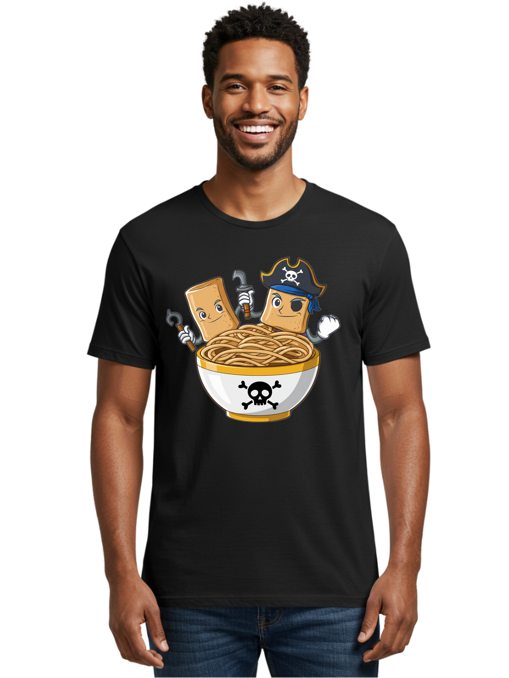 Crackers-In-A-Skull-Bowl Men'S Graphic Tee, 100% Cotton, Comfortable Casual Summer Wear, Machine Washable, Cartoon Crackers, Pirate-Themed, Noodles In Bowl, Skull And Crossbones, Playful Cartoon, Pirate Crackers, Animated Noodles, Baa412