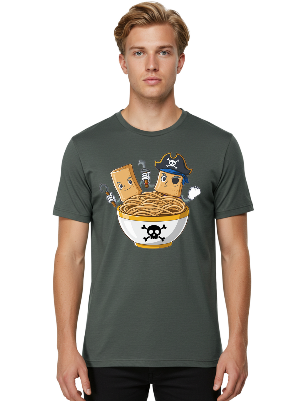 Crackers-In-A-Skull-Bowl Men'S Graphic Tee, 100% Cotton, Comfortable Casual Summer Wear, Machine Washable, Cartoon Crackers, Pirate-Themed, Noodles In Bowl, Skull And Crossbones, Playful Cartoon, Pirate Crackers, Animated Noodles, Baa412