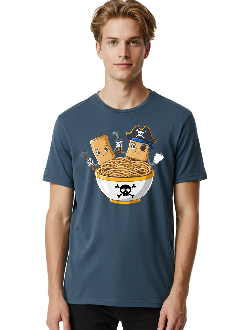 Crackers-In-A-Skull-Bowl Men'S Graphic Tee, 100% Cotton, Comfortable Casual Summer Wear, Machine Washable, Cartoon Crackers, Pirate-Themed, Noodles In Bowl, Skull And Crossbones, Playful Cartoon, Pirate Crackers, Animated Noodles, Baa412