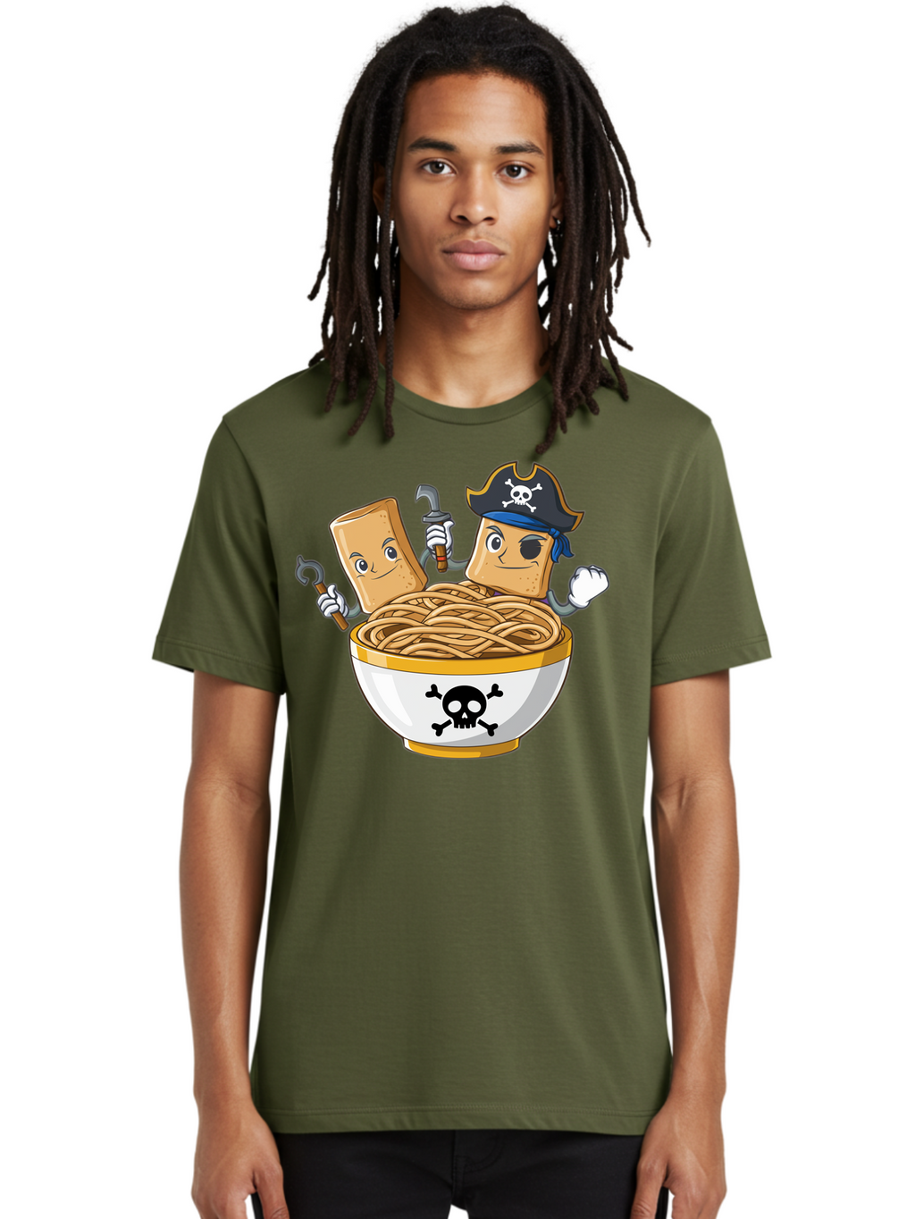 Crackers-In-A-Skull-Bowl Men'S Graphic Tee, 100% Cotton, Comfortable Casual Summer Wear, Machine Washable, Cartoon Crackers, Pirate-Themed, Noodles In Bowl, Skull And Crossbones, Playful Cartoon, Pirate Crackers, Animated Noodles, Baa412