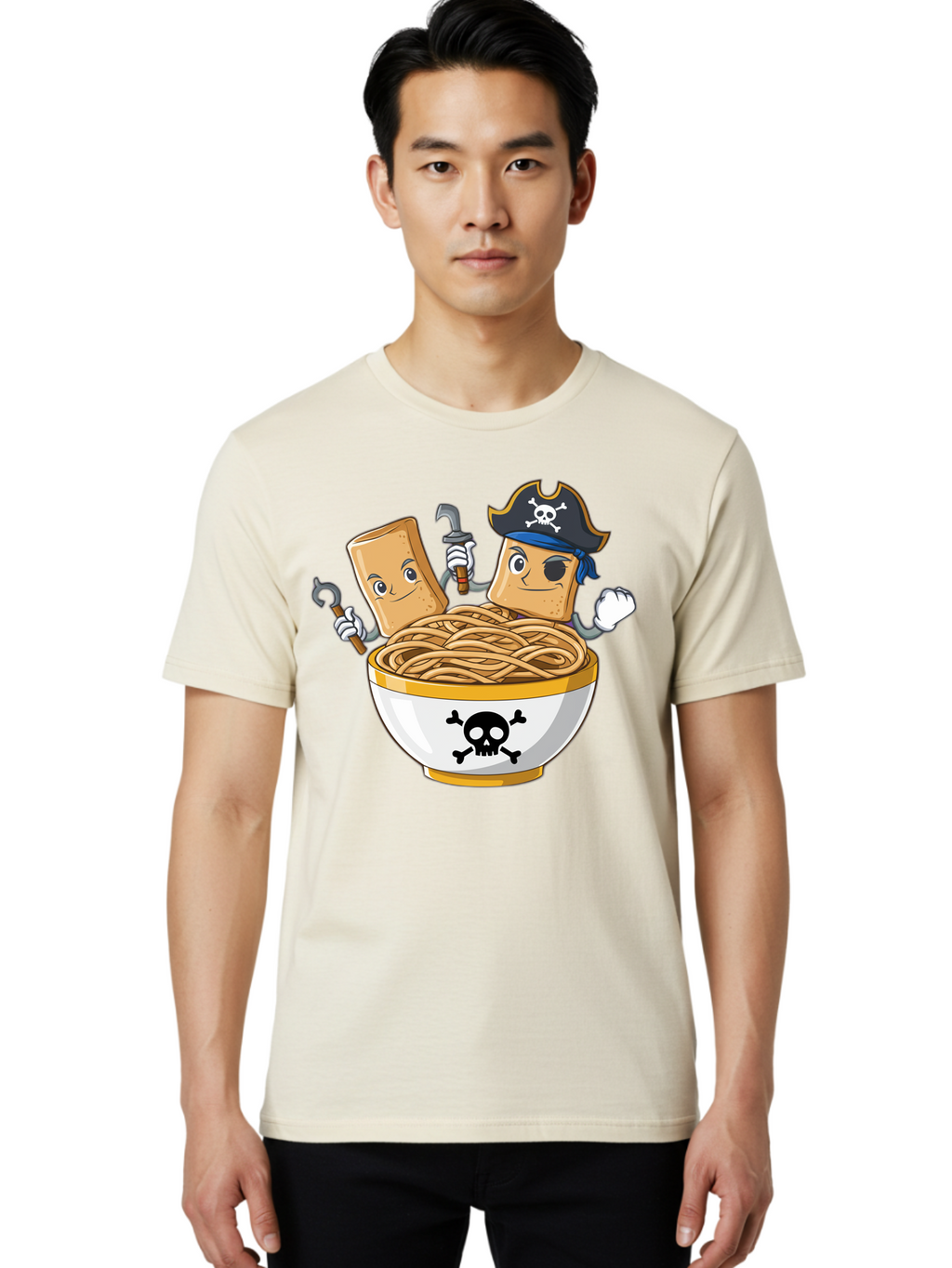 Crackers-In-A-Skull-Bowl Men'S Graphic Tee, 100% Cotton, Comfortable Casual Summer Wear, Machine Washable, Cartoon Crackers, Pirate-Themed, Noodles In Bowl, Skull And Crossbones, Playful Cartoon, Pirate Crackers, Animated Noodles, Baa412