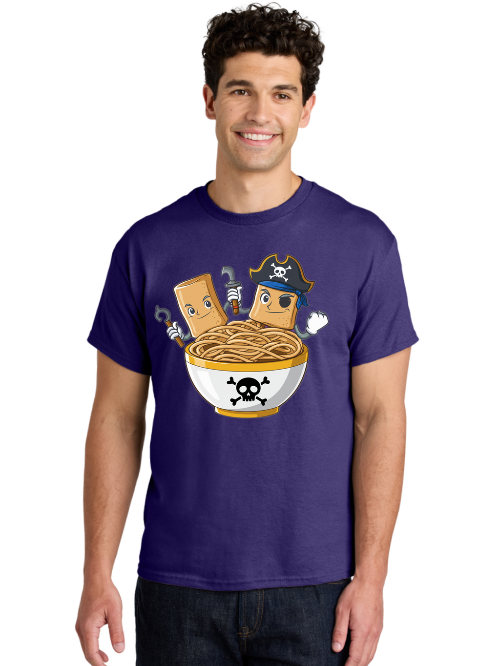 Crackers-In-A-Skull-Bowl Men'S Graphic Tee, 100% Cotton, Comfortable Casual Summer Wear, Machine Washable, Cartoon Crackers, Pirate-Themed, Noodles In Bowl, Skull And Crossbones, Playful Cartoon, Pirate Crackers, Animated Noodles, Baa412