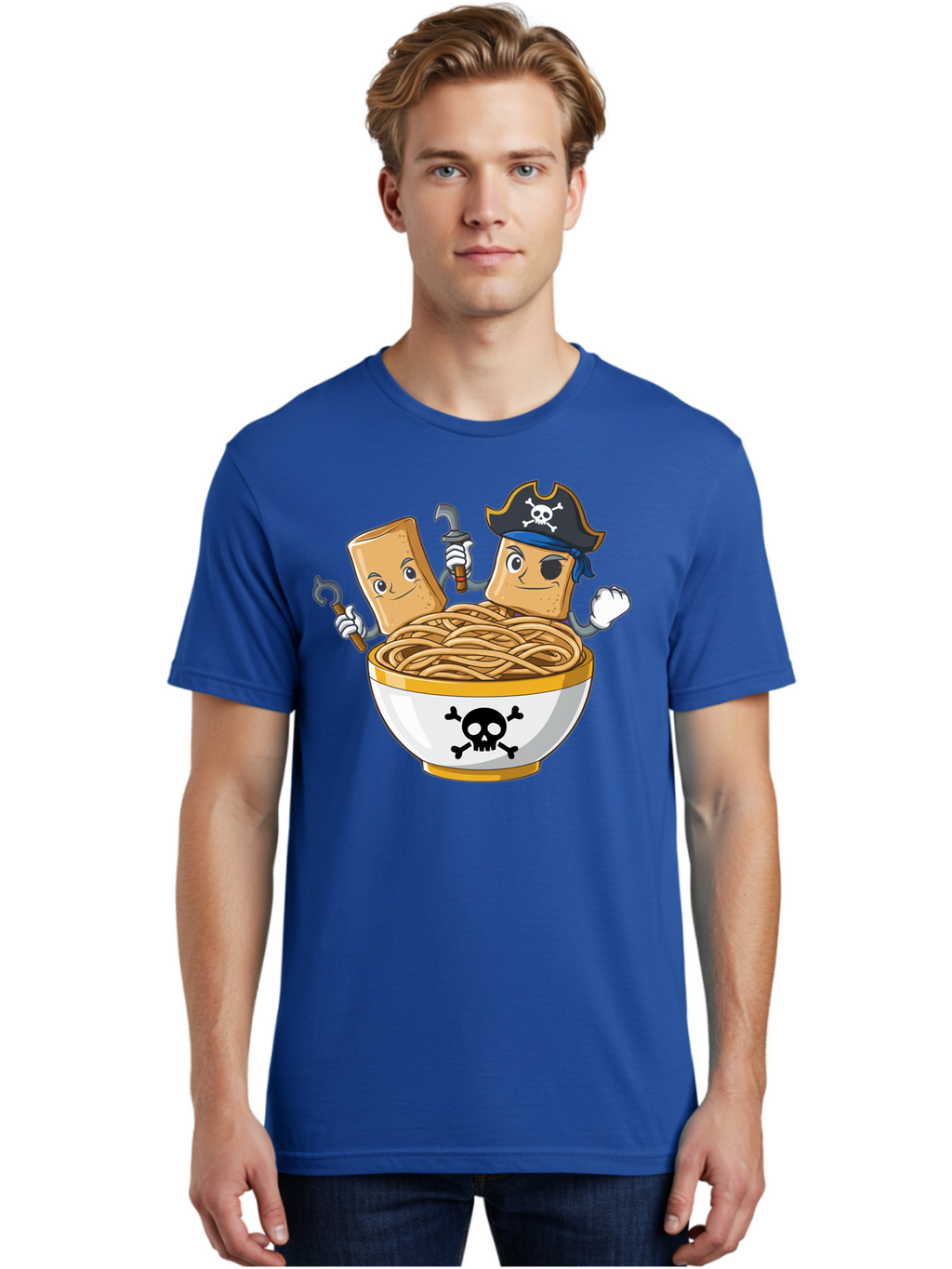 Crackers-In-A-Skull-Bowl Men'S Graphic Tee, 100% Cotton, Comfortable Casual Summer Wear, Machine Washable, Cartoon Crackers, Pirate-Themed, Noodles In Bowl, Skull And Crossbones, Playful Cartoon, Pirate Crackers, Animated Noodles, Baa412