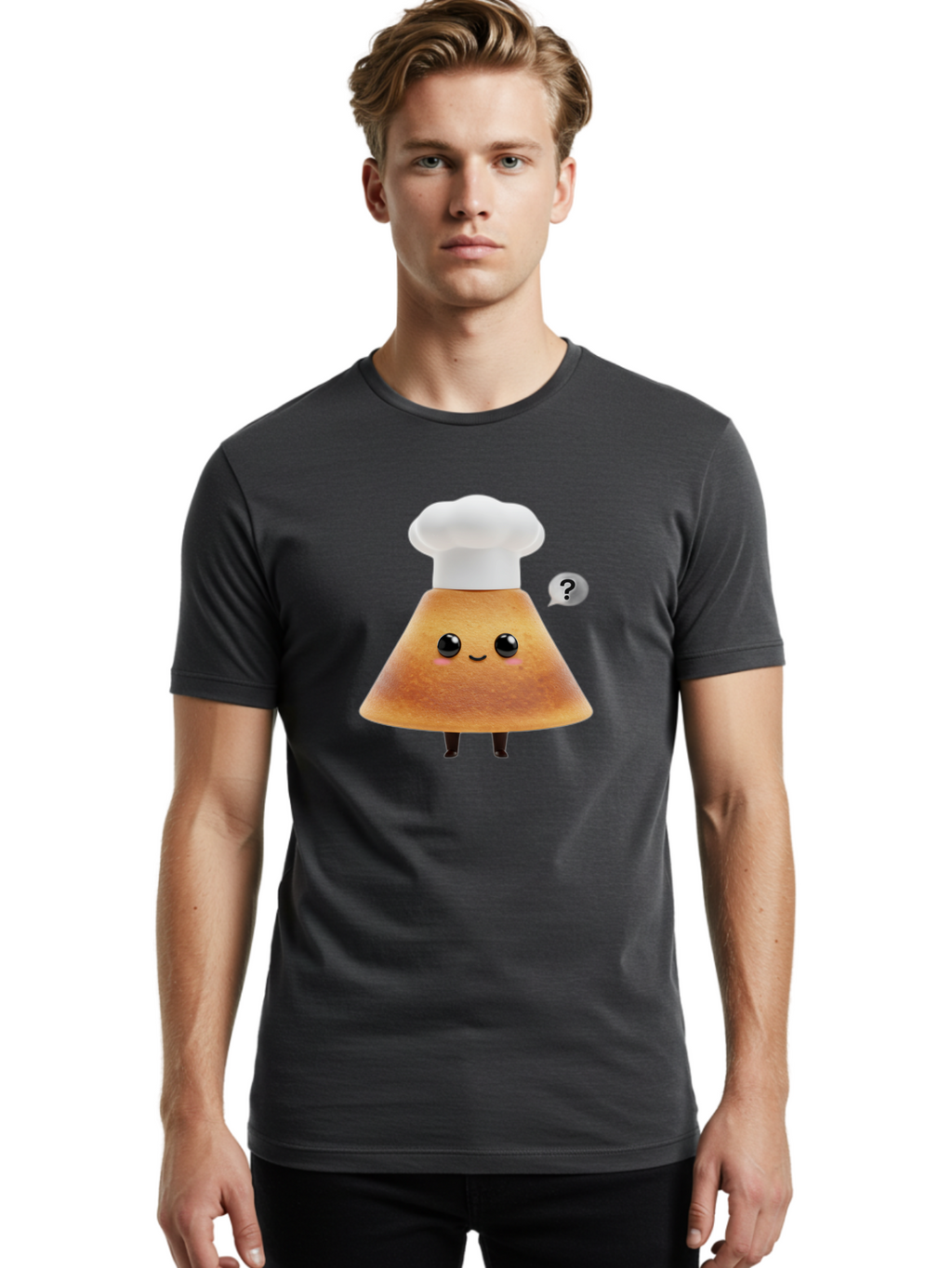 Crepe-Character Men'S Graphic Tee, 100% Cotton, Comfortable Casual Summer Wear, Machine Washable, Cartoon Beignet, Chef Hat, Adorable Character, Questioning Expression, Culinary Delight, Sweet Treat, Funny Illustration, Black Eyes, Baa413