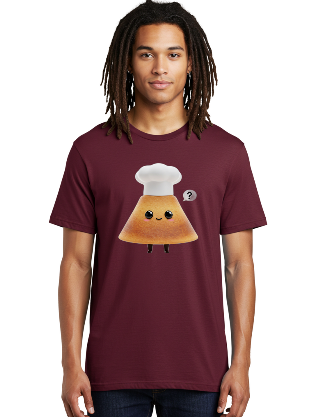 Crepe-Character Men'S Graphic Tee, 100% Cotton, Comfortable Casual Summer Wear, Machine Washable, Cartoon Beignet, Chef Hat, Adorable Character, Questioning Expression, Culinary Delight, Sweet Treat, Funny Illustration, Black Eyes, Baa413