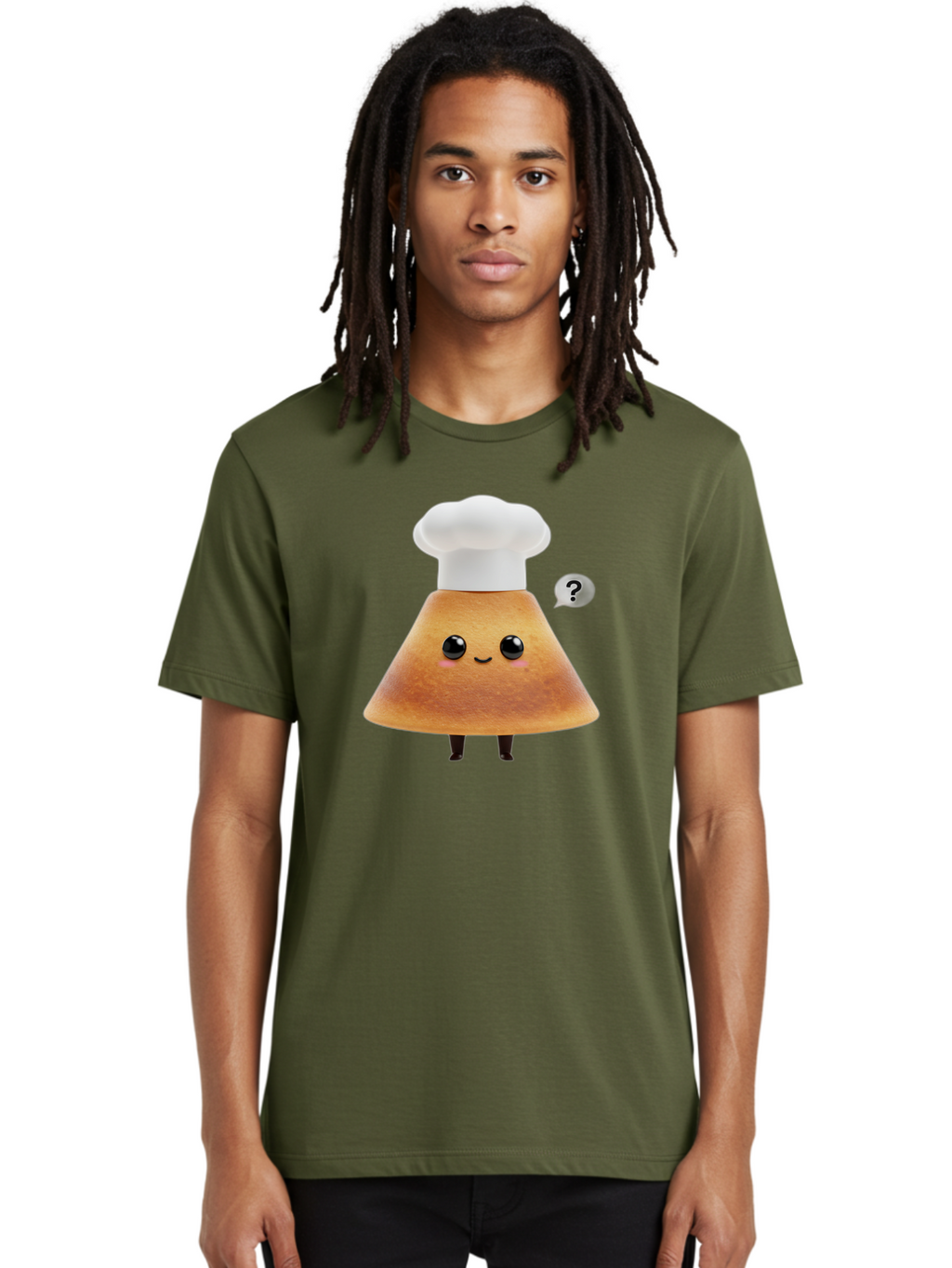 Crepe-Character Men'S Graphic Tee, 100% Cotton, Comfortable Casual Summer Wear, Machine Washable, Cartoon Beignet, Chef Hat, Adorable Character, Questioning Expression, Culinary Delight, Sweet Treat, Funny Illustration, Black Eyes, Baa413
