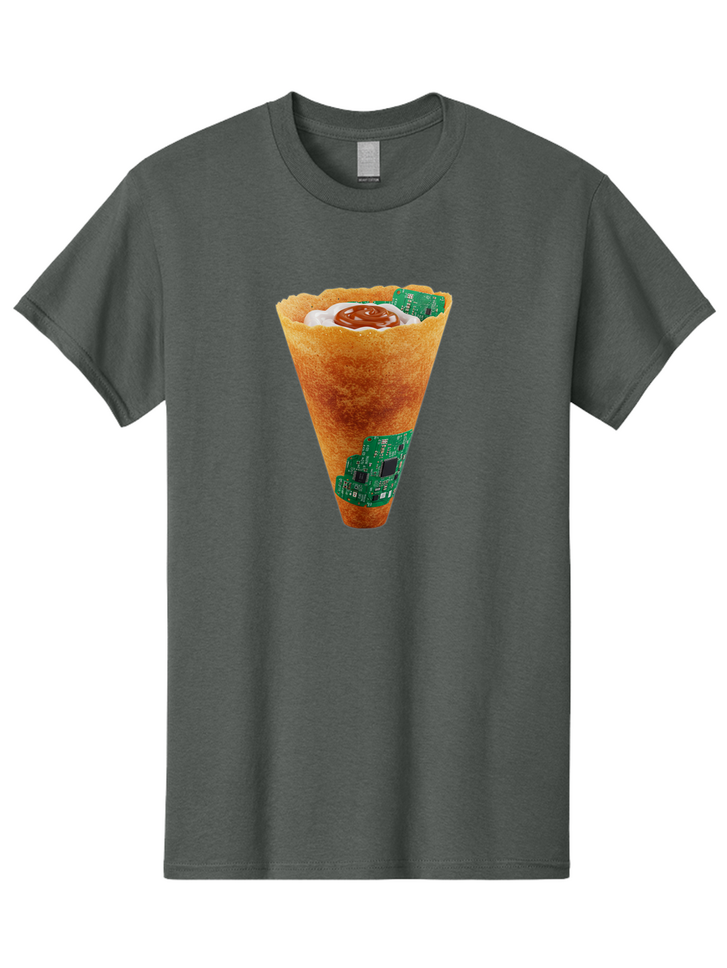 Crepe-Cone-With-Circuit-Board Men'S Graphic Tee, 100% Cotton, Comfortable Casual Summer Wear, Machine Washable, Crepe Cone, Circuit Board Design, Tech-Inspired Dessert, Sweet And Savory Mix, Innovative Food, Futuristic Cuisine, Dessert Art, Baa414