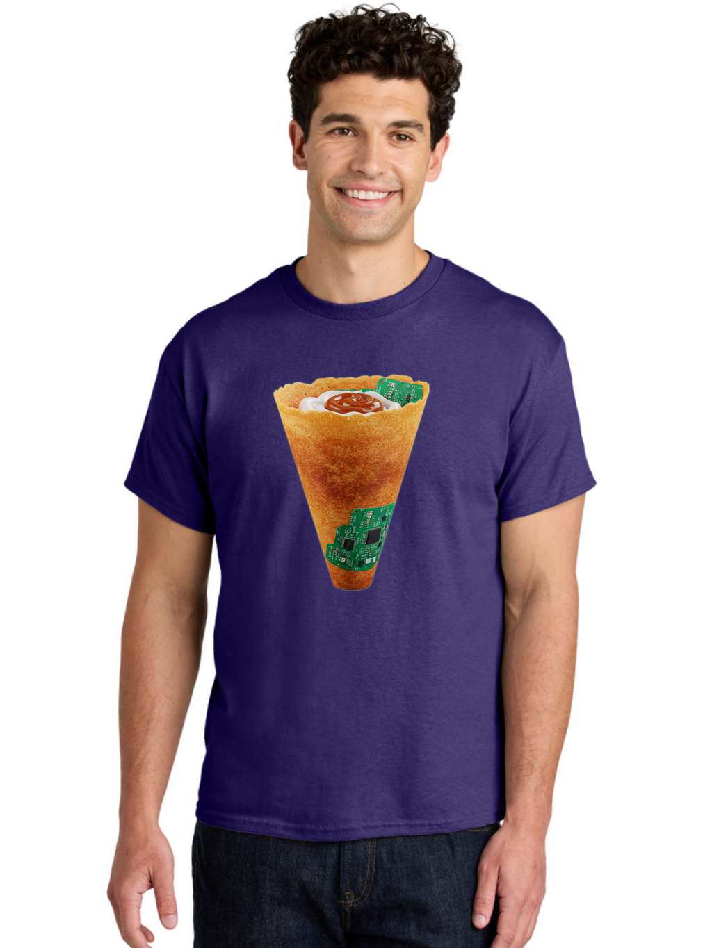 Crepe-Cone-With-Circuit-Board Men'S Graphic Tee, 100% Cotton, Comfortable Casual Summer Wear, Machine Washable, Crepe Cone, Circuit Board Design, Tech-Inspired Dessert, Sweet And Savory Mix, Innovative Food, Futuristic Cuisine, Dessert Art, Baa414