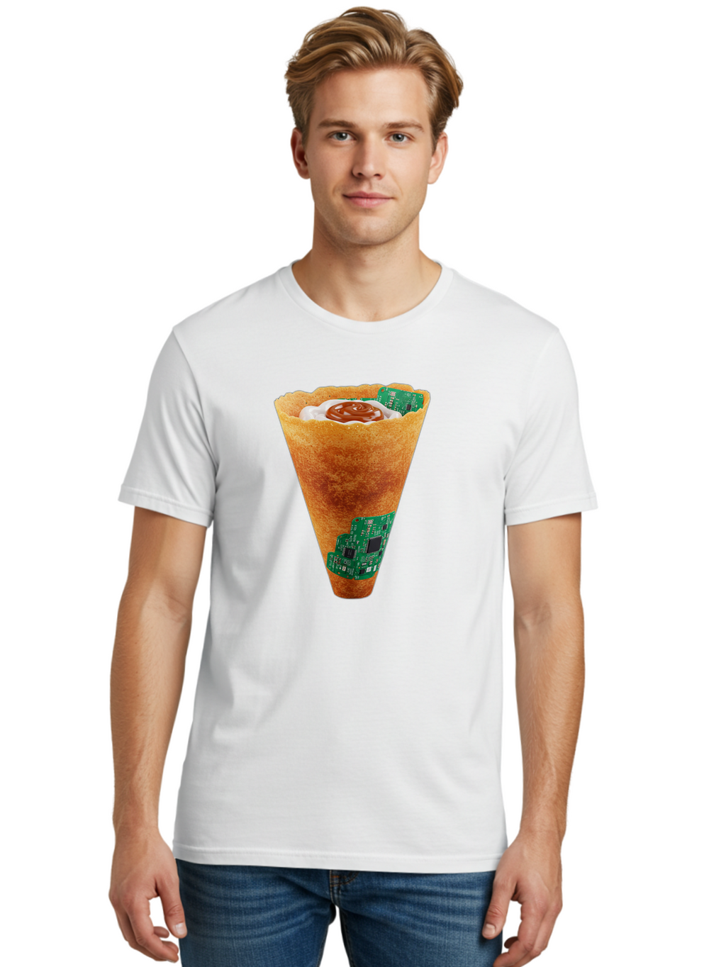 Crepe-Cone-With-Circuit-Board Men'S Graphic Tee, 100% Cotton, Comfortable Casual Summer Wear, Machine Washable, Crepe Cone, Circuit Board Design, Tech-Inspired Dessert, Sweet And Savory Mix, Innovative Food, Futuristic Cuisine, Dessert Art, Baa414