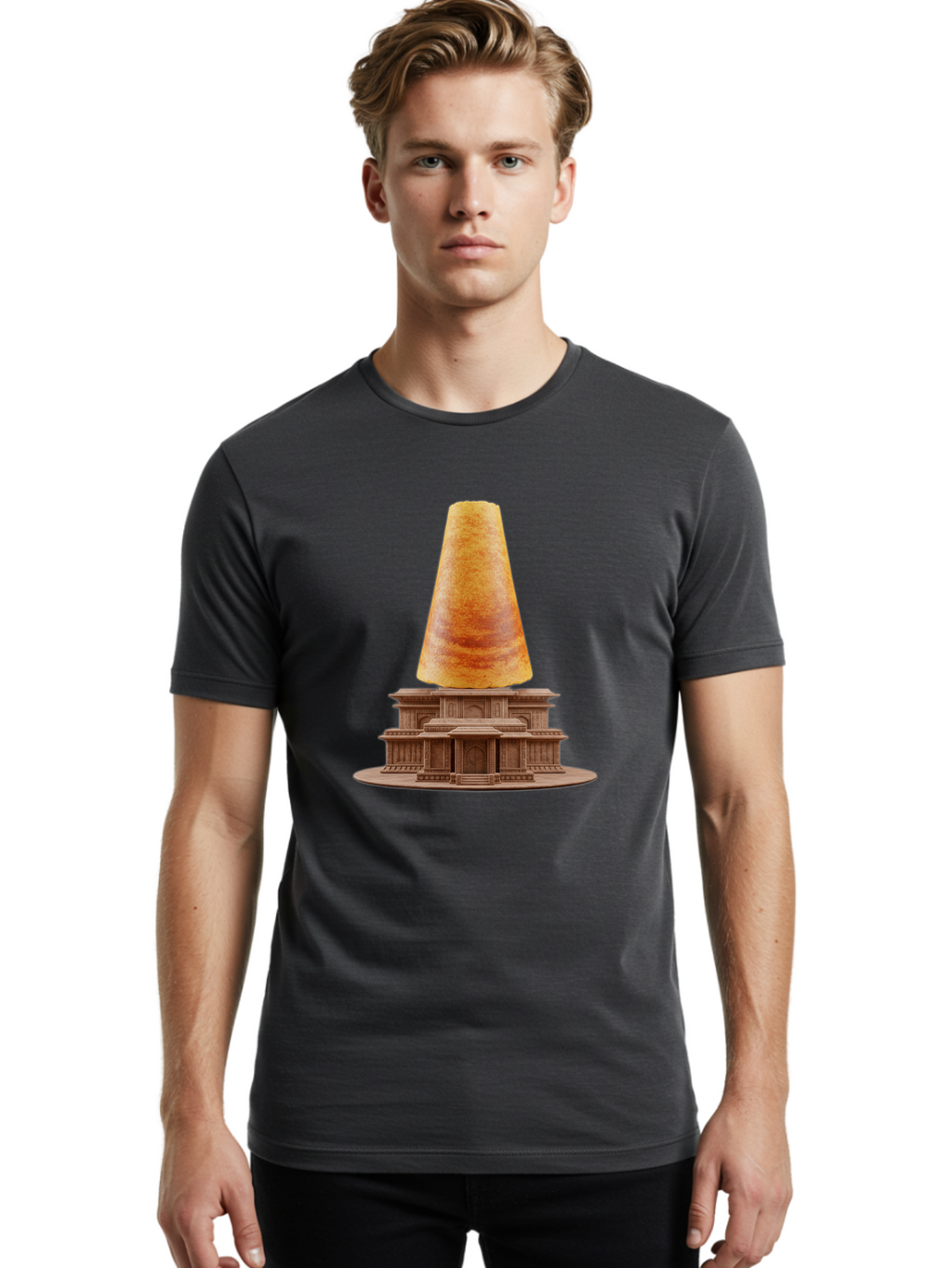 Croissant-On-Monument Men'S Graphic Tee, 100% Cotton, Comfortable Casual Summer Wear, Machine Washable, Tortilla On Building, Food Art, Creative Sculpture, Humorous Display, Unusual Architecture, Quirky Design, Funny Meme, Satirical Art Baa418
