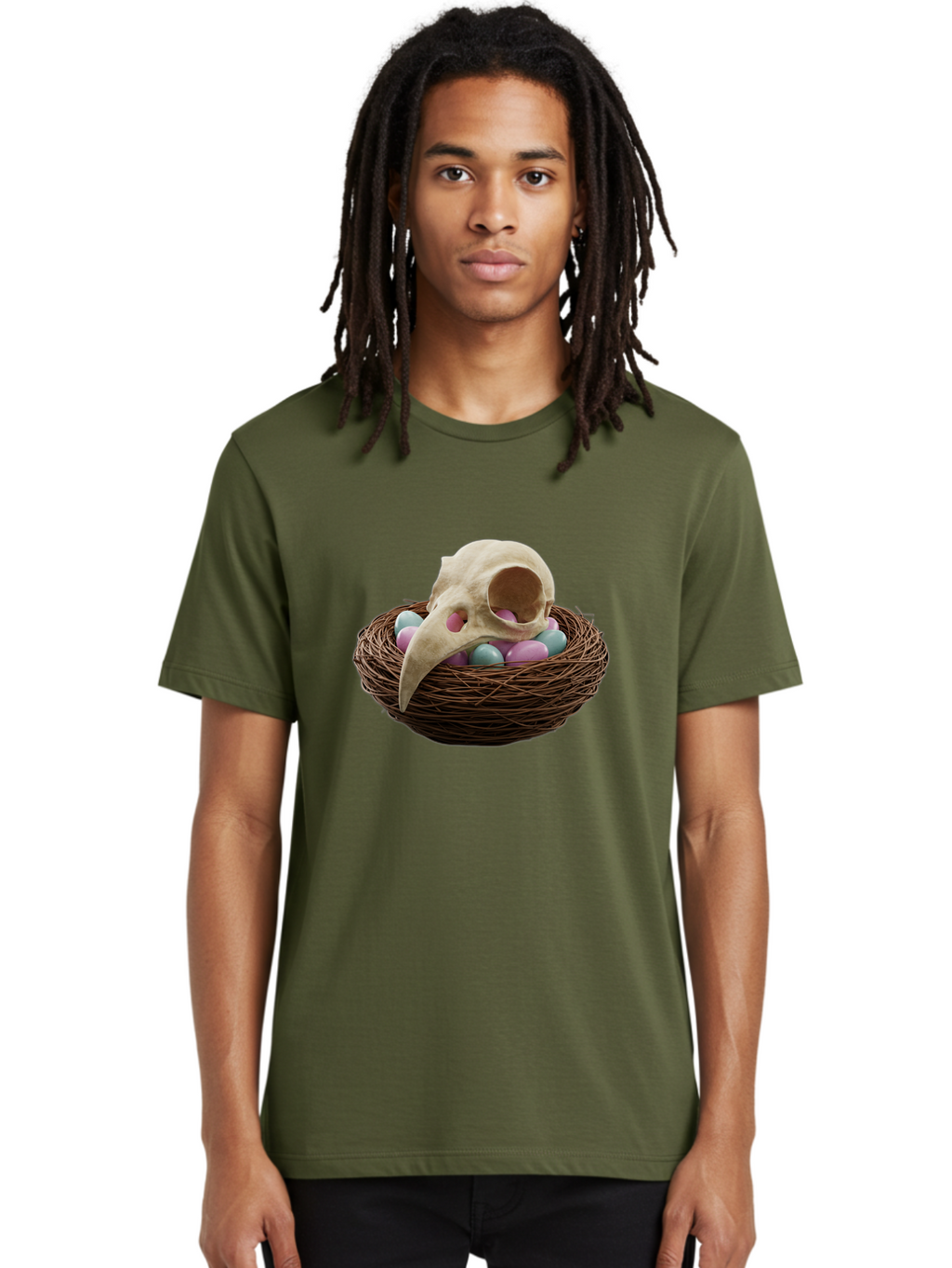 Crow-Skull-In-Nest Men'S Graphic Tee, 100% Cotton, Comfortable Casual Summer Wear, Machine Washable, Bird Skull In Nest, Pastel Eggs, Nest With Eggs, Bird Nest, Unusual Art, Surrealism, Quirky Decor, Unique Design, Bird Skull Art, Baa419