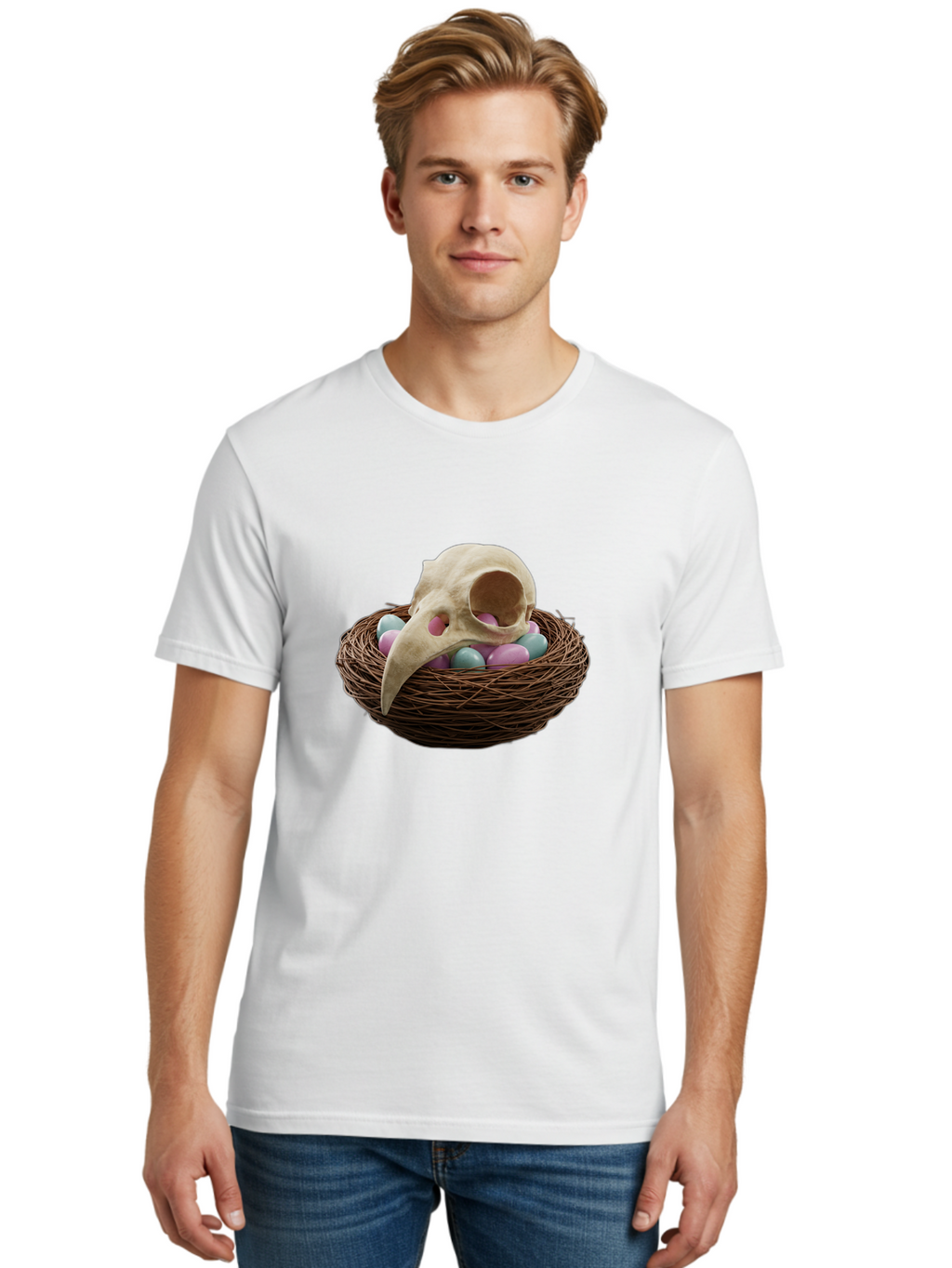 Crow-Skull-In-Nest Men'S Graphic Tee, 100% Cotton, Comfortable Casual Summer Wear, Machine Washable, Bird Skull In Nest, Pastel Eggs, Nest With Eggs, Bird Nest, Unusual Art, Surrealism, Quirky Decor, Unique Design, Bird Skull Art, Baa419