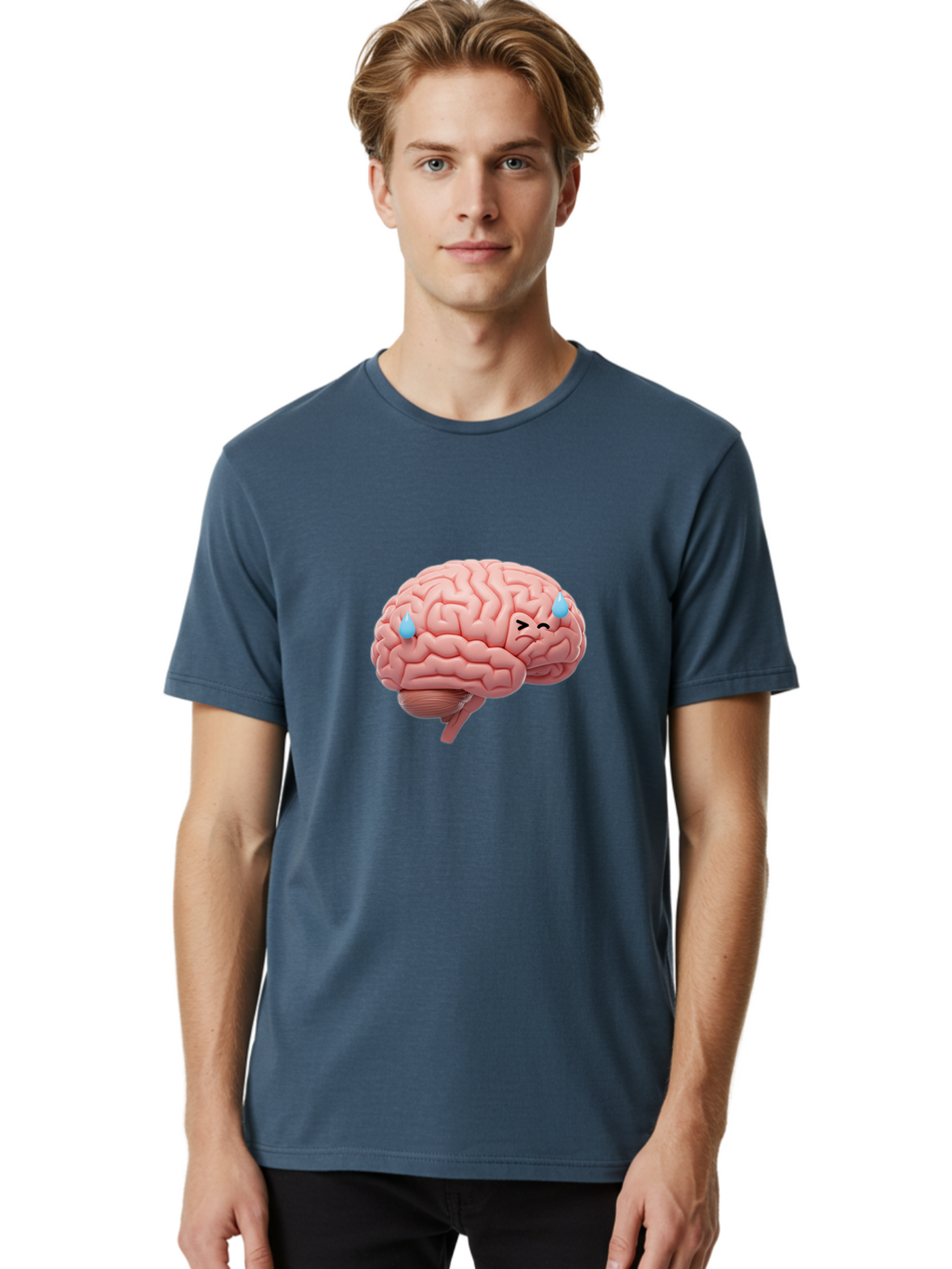 Crying-Brain Men'S Graphic Tee, 100% Cotton, Comfortable Casual Summer Wear, Machine Washable, Human Brain, Sad Face, Blue Tears, Brain Exhaustion, Mental Fatigue, Emotional Stress, Crying Brain, Anxiety, Stress Response Baa421