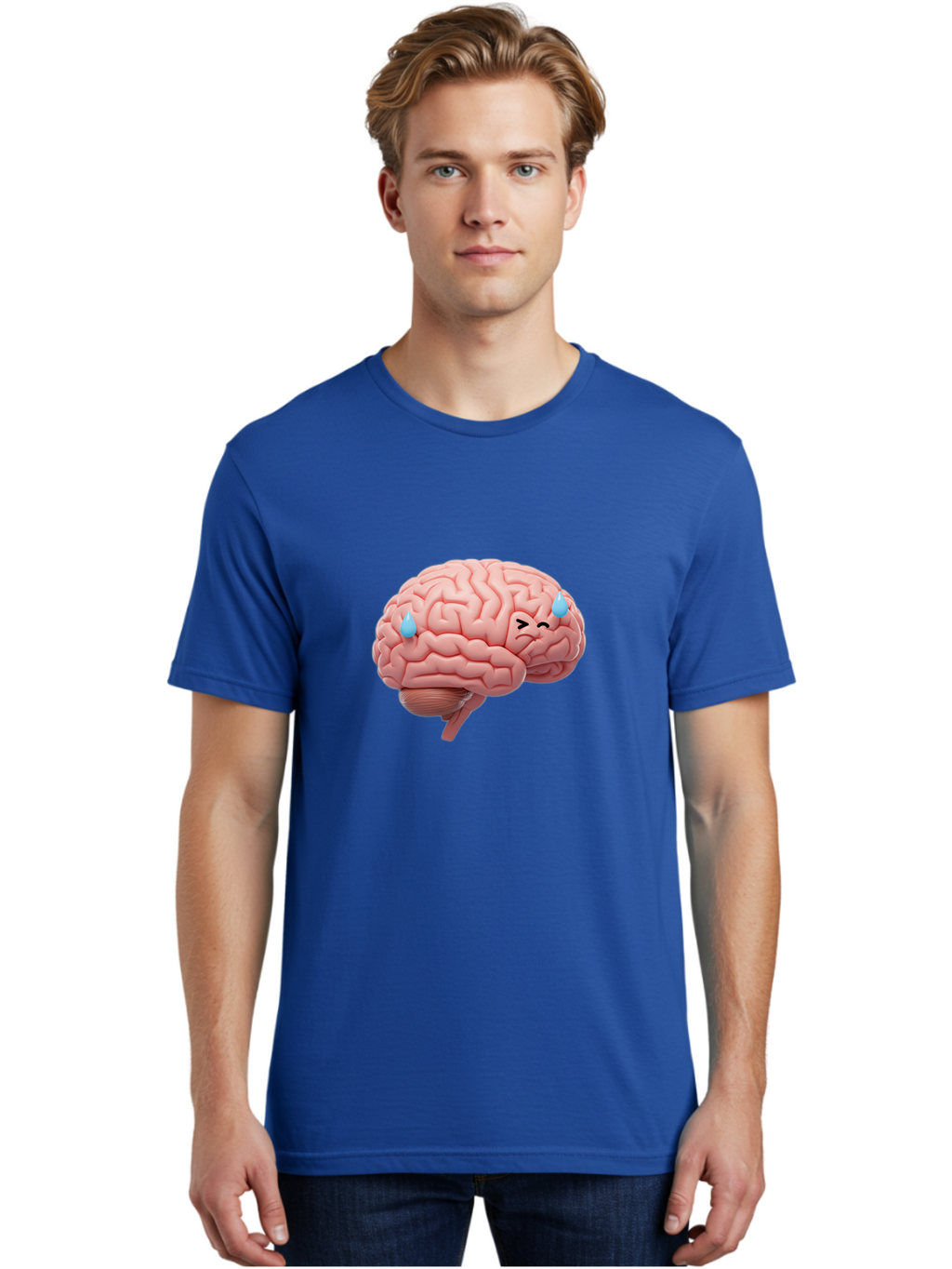 Crying-Brain Men'S Graphic Tee, 100% Cotton, Comfortable Casual Summer Wear, Machine Washable, Human Brain, Sad Face, Blue Tears, Brain Exhaustion, Mental Fatigue, Emotional Stress, Crying Brain, Anxiety, Stress Response Baa421