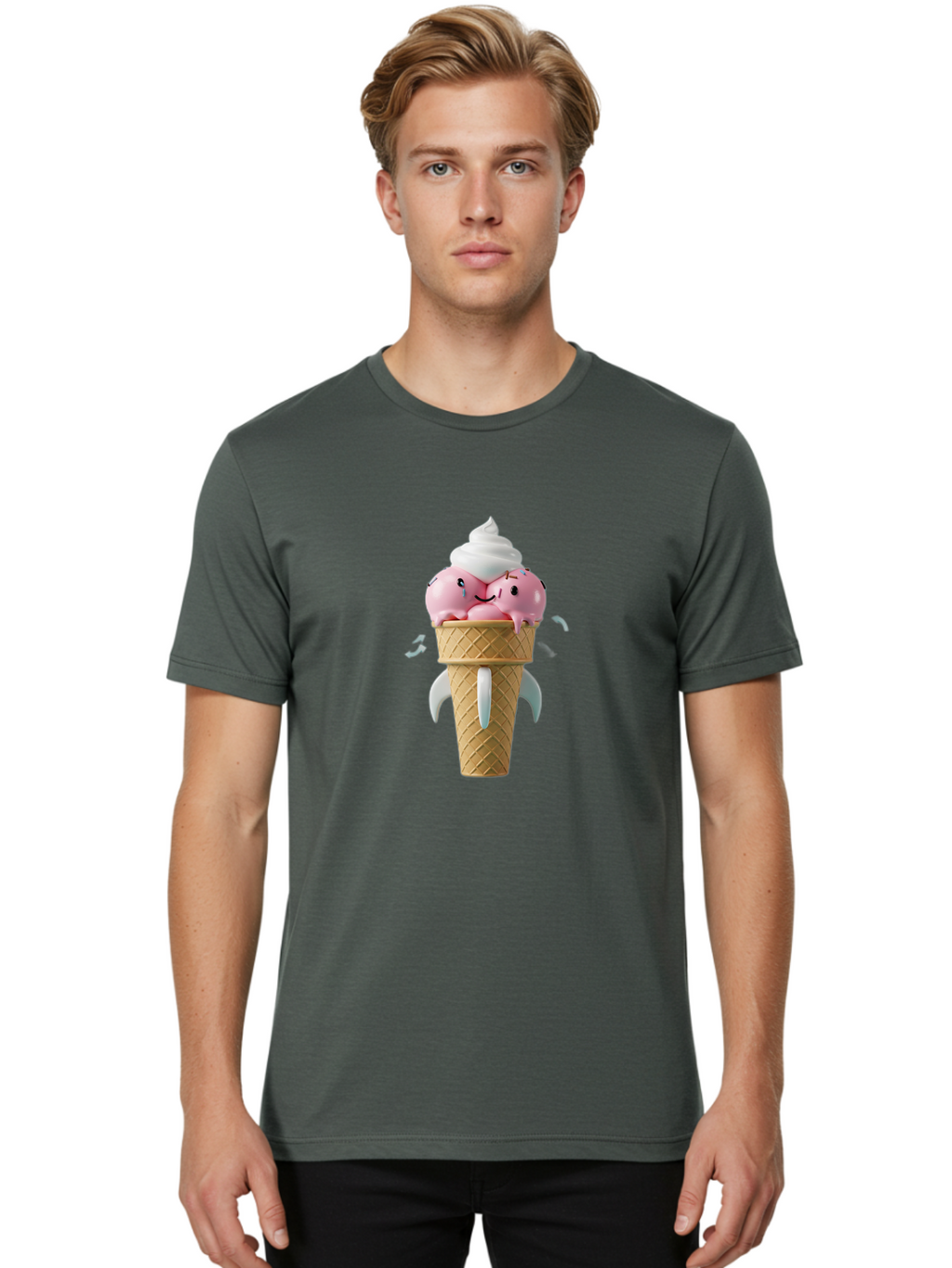 Crying-Ice-Cream Men'S Graphic Tee, 100% Cotton, Comfortable Casual Summer Wear, Machine Washable, Ice Cream Cone, Pink Ice Cream, Walrus Face, Cartoon Character, Fun Design, Sweet Treat, Whimsical Illustration, Playful Art, Ice Cream Lover, Baa422