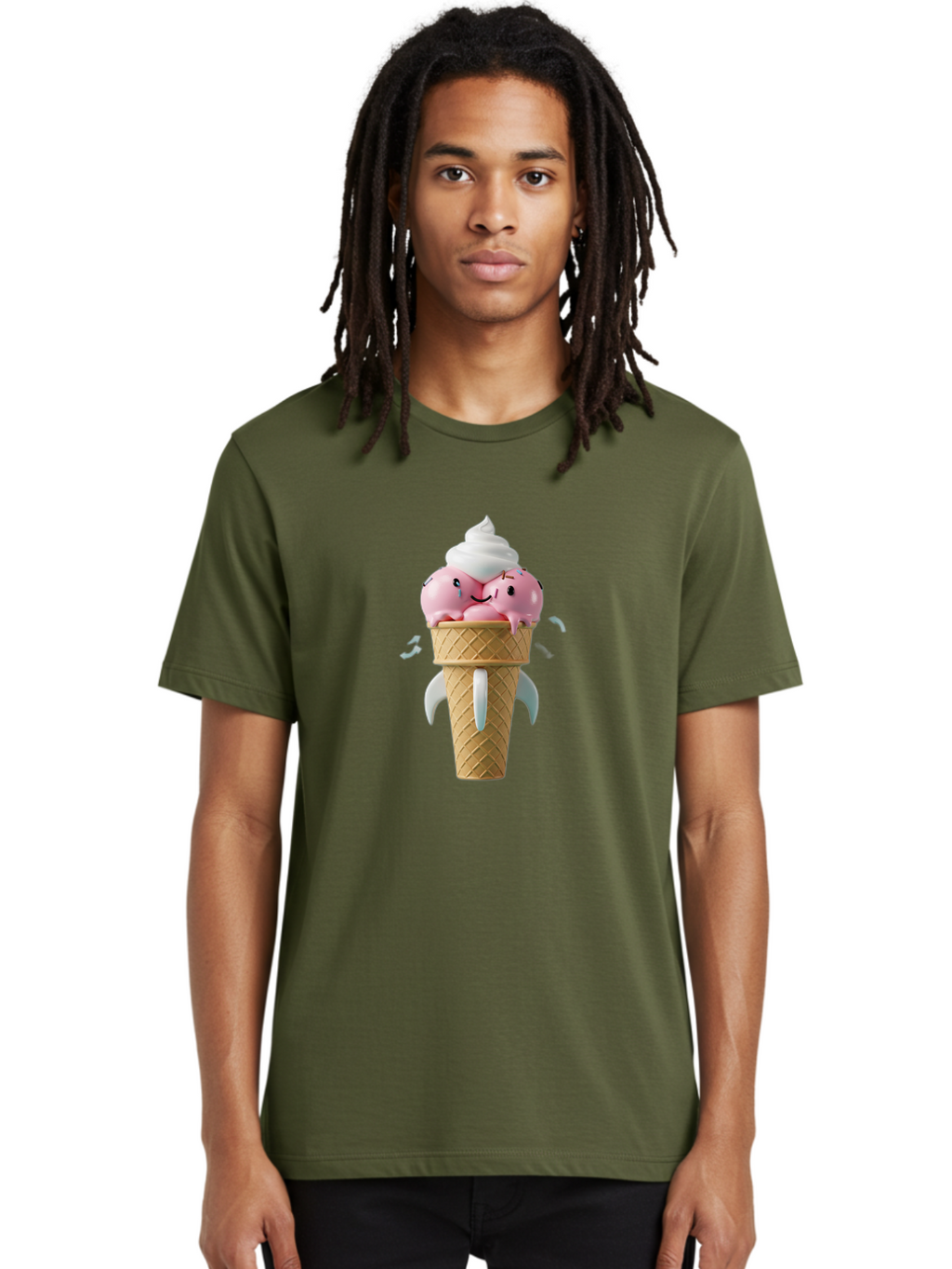 Crying-Ice-Cream Men'S Graphic Tee, 100% Cotton, Comfortable Casual Summer Wear, Machine Washable, Ice Cream Cone, Pink Ice Cream, Walrus Face, Cartoon Character, Fun Design, Sweet Treat, Whimsical Illustration, Playful Art, Ice Cream Lover, Baa422