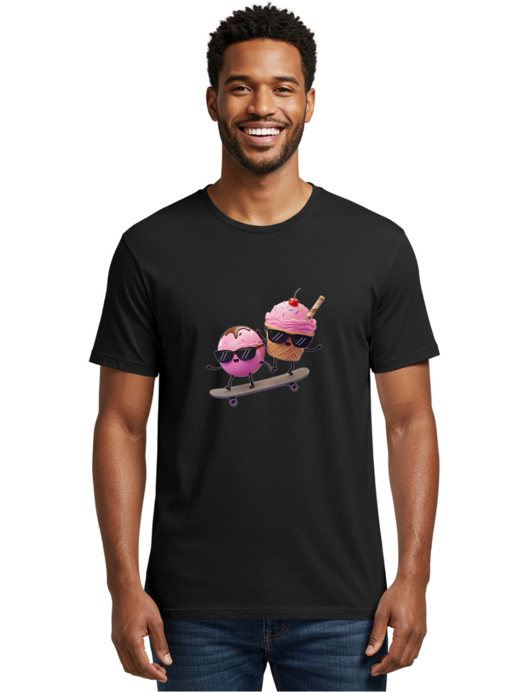 Cupcake-And-Ice-Cream Men'S Graphic Tee, 100% Cotton, Comfortable Casual Summer Wear, Machine Washable, Funny Cartoon Characters, Ice Cream Cone, Cupcake, Skateboarding, Sunglasses, Colorful Treats, Sweet Delights, Playful, Whimsical Baa423