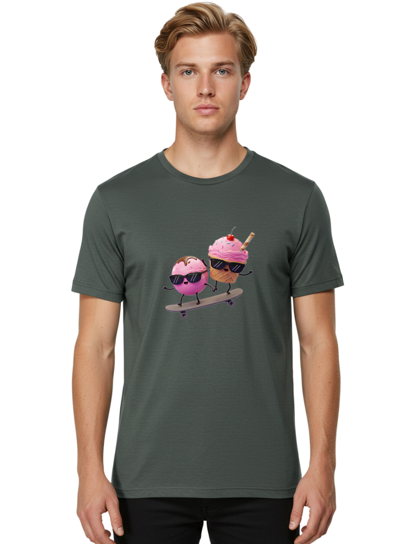 Cupcake-And-Ice-Cream Men'S Graphic Tee, 100% Cotton, Comfortable Casual Summer Wear, Machine Washable, Funny Cartoon Characters, Ice Cream Cone, Cupcake, Skateboarding, Sunglasses, Colorful Treats, Sweet Delights, Playful, Whimsical Baa423
