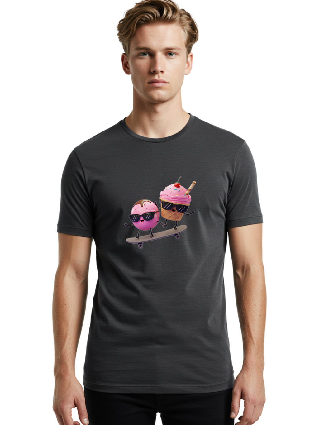Cupcake-And-Ice-Cream Men'S Graphic Tee, 100% Cotton, Comfortable Casual Summer Wear, Machine Washable, Funny Cartoon Characters, Ice Cream Cone, Cupcake, Skateboarding, Sunglasses, Colorful Treats, Sweet Delights, Playful, Whimsical Baa423