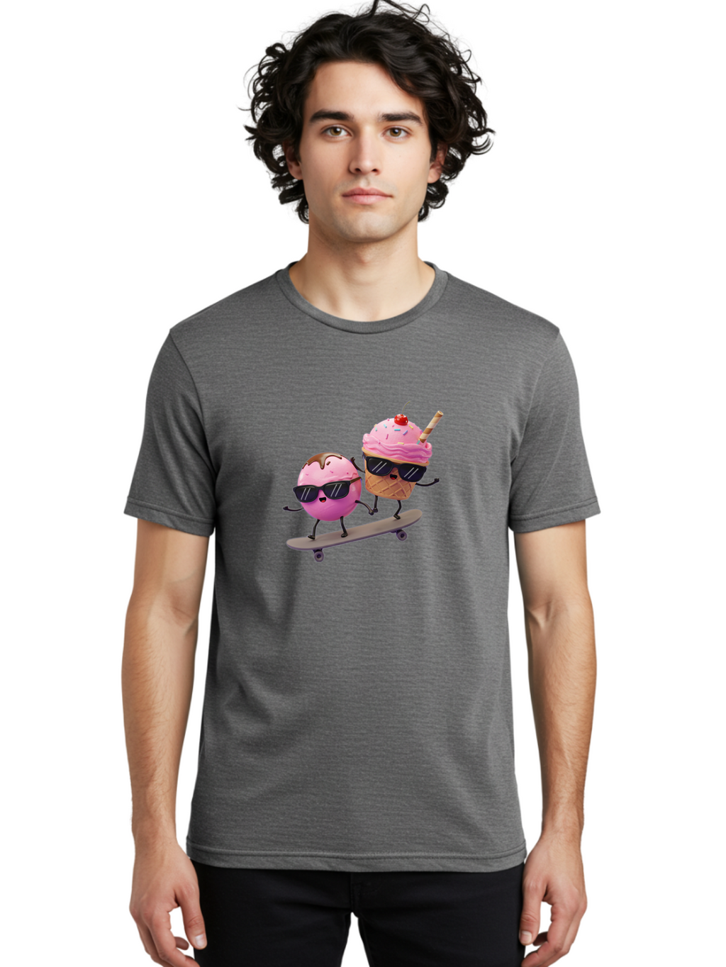 Cupcake-And-Ice-Cream Men'S Graphic Tee, 100% Cotton, Comfortable Casual Summer Wear, Machine Washable, Funny Cartoon Characters, Ice Cream Cone, Cupcake, Skateboarding, Sunglasses, Colorful Treats, Sweet Delights, Playful, Whimsical Baa423