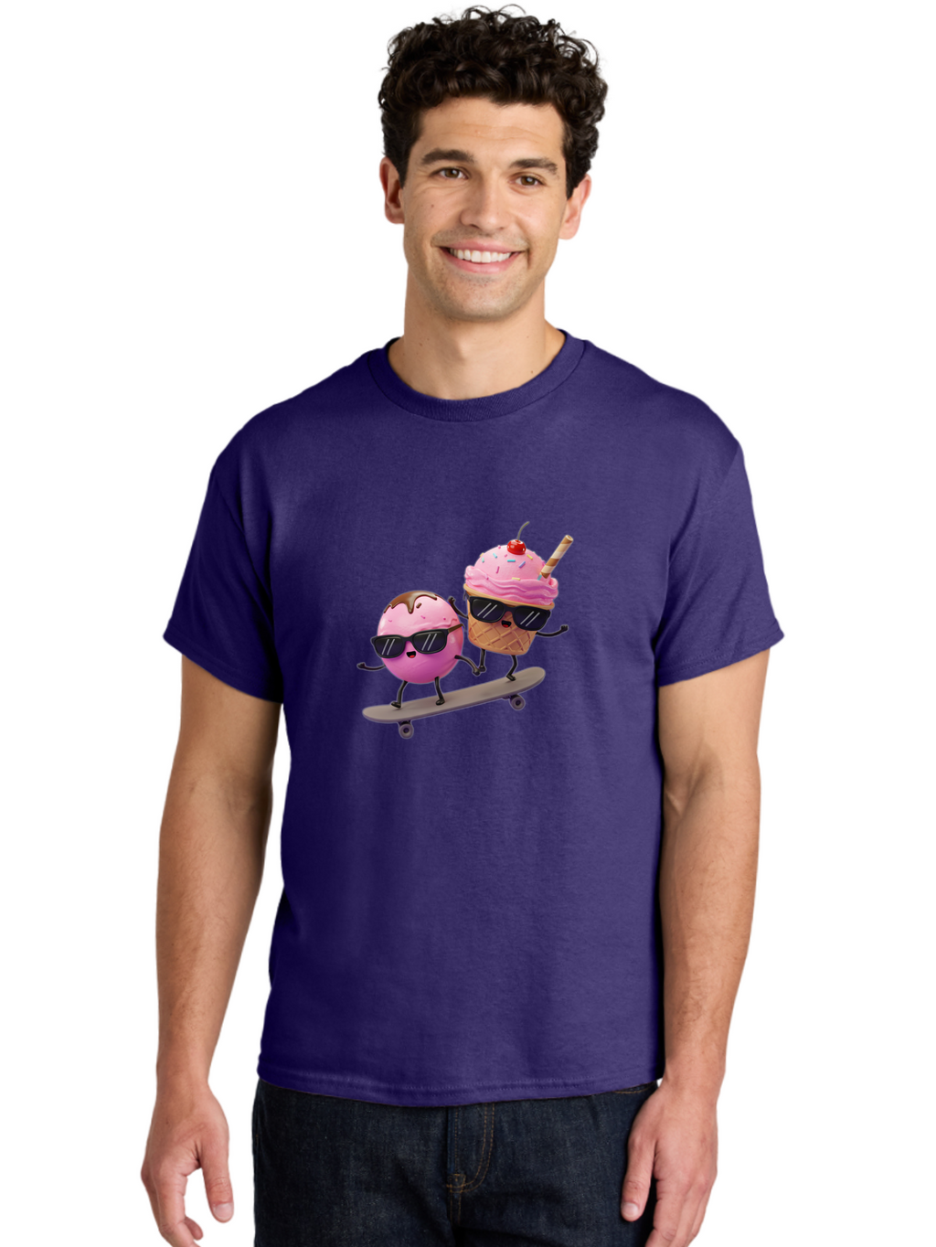 Cupcake-And-Ice-Cream Men'S Graphic Tee, 100% Cotton, Comfortable Casual Summer Wear, Machine Washable, Funny Cartoon Characters, Ice Cream Cone, Cupcake, Skateboarding, Sunglasses, Colorful Treats, Sweet Delights, Playful, Whimsical Baa423