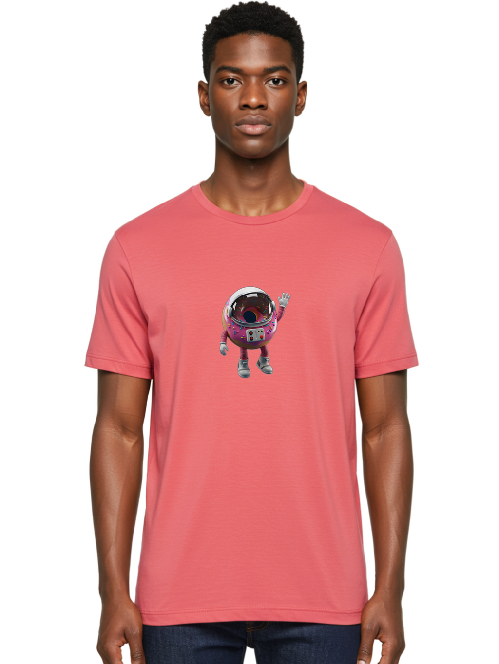 Cupcake-Astronaut Men'S Graphic Tee, 100% Cotton, Comfortable Casual Summer Wear, Machine Washable, Pink Donut Astronaut, Donut Character, Astronaut Costume, Sprinkles Decoration, Futuristic Space Suit, Hello Gesture, Donut Themed, Baa424