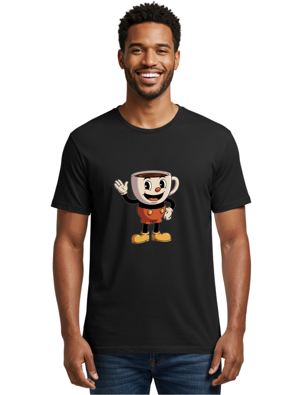 Cuphead Men'S Graphic Tee, 100% Cotton, Comfortable Casual Summer Wear, Machine Washable, Cartoon Character, Coffee Cup, Anthropomorphic Design, Smiling Face, Waving Hand, Orange Overalls, Yellow Buttons, Black Sleeves, White Gloves, Baa425
