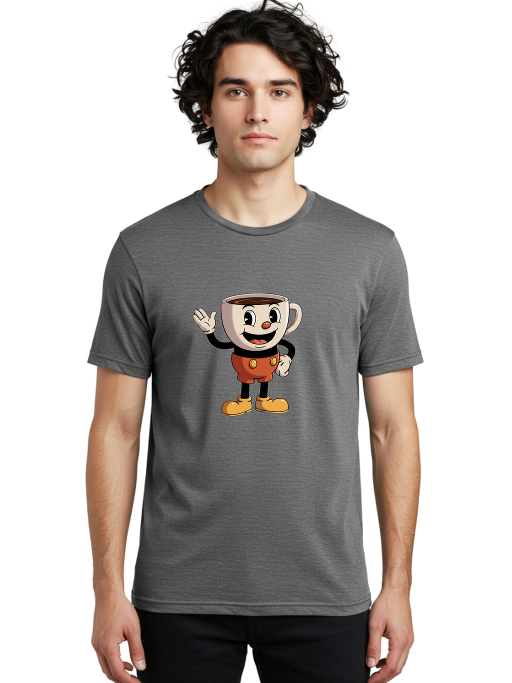 Cuphead Men'S Graphic Tee, 100% Cotton, Comfortable Casual Summer Wear, Machine Washable, Cartoon Character, Coffee Cup, Anthropomorphic Design, Smiling Face, Waving Hand, Orange Overalls, Yellow Buttons, Black Sleeves, White Gloves, Baa425