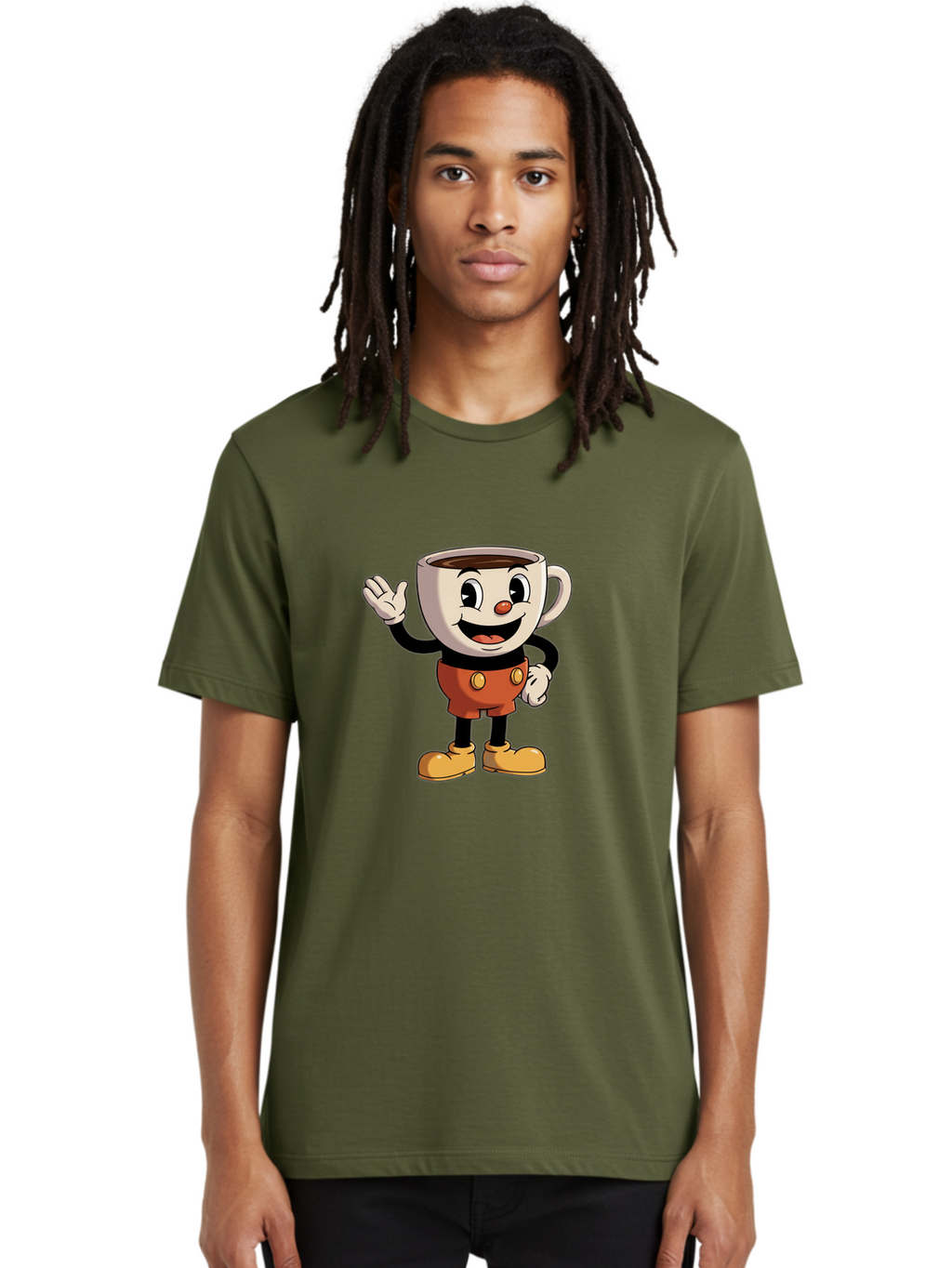 Cuphead Men'S Graphic Tee, 100% Cotton, Comfortable Casual Summer Wear, Machine Washable, Cartoon Character, Coffee Cup, Anthropomorphic Design, Smiling Face, Waving Hand, Orange Overalls, Yellow Buttons, Black Sleeves, White Gloves, Baa425