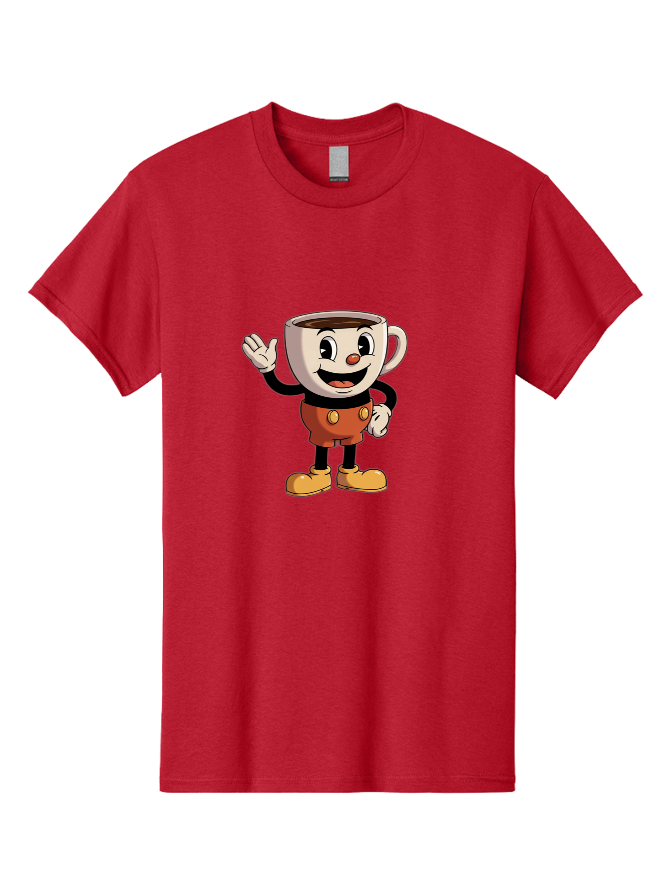 Cuphead Men'S Graphic Tee, 100% Cotton, Comfortable Casual Summer Wear, Machine Washable, Cartoon Character, Coffee Cup, Anthropomorphic Design, Smiling Face, Waving Hand, Orange Overalls, Yellow Buttons, Black Sleeves, White Gloves, Baa425