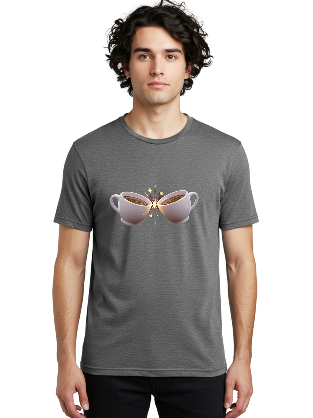 Cups-Cheering Men'S Graphic Tee, 100% Cotton, Comfortable Casual Summer Wear, Machine Washable, Coffee Cups Clinking, Frothy Coffee, Warm Beverage, Social Gathering, Friendship, Toast, Celebration, Coffee Culture, Caffeine Baa426