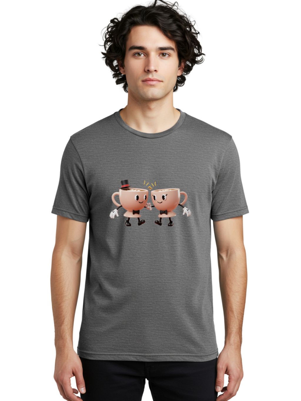 Cups-Dancing Men'S Graphic Tee, 100% Cotton, Comfortable Casual Summer Wear, Machine Washable, Anthropomorphic Tea Cups, Tea Party, Whimsical Characters, Charming Accessories, Top Hat, Bow Tie, Friendship, Illustration, Cartoon Style, Winking Baa427