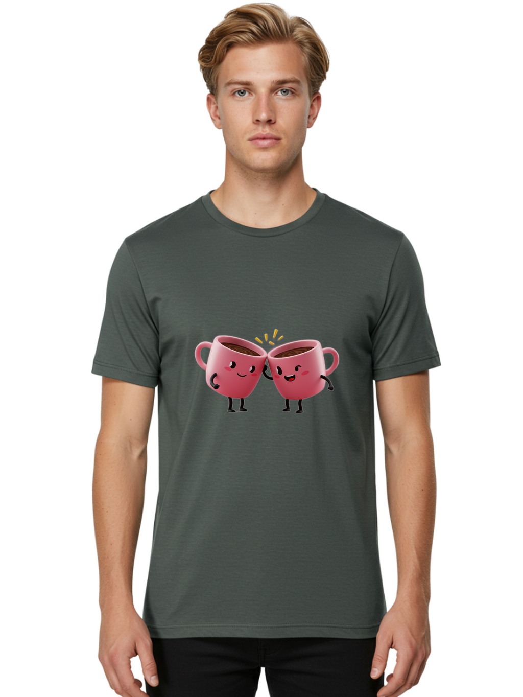 Cups-Toasting Men'S Graphic Tee, 100% Cotton, Comfortable Casual Summer Wear, Machine Washable, Two Pink Coffee Mugs Cheering, Happy Coffee Cups, Cartoon Characters, Friendship, Coffee Break, Coffee Lovers, Adorable Illustration, Baa428