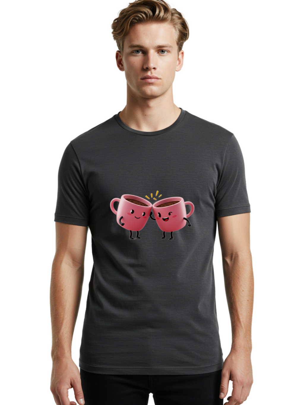Cups-Toasting Men'S Graphic Tee, 100% Cotton, Comfortable Casual Summer Wear, Machine Washable, Two Pink Coffee Mugs Cheering, Happy Coffee Cups, Cartoon Characters, Friendship, Coffee Break, Coffee Lovers, Adorable Illustration, Baa428