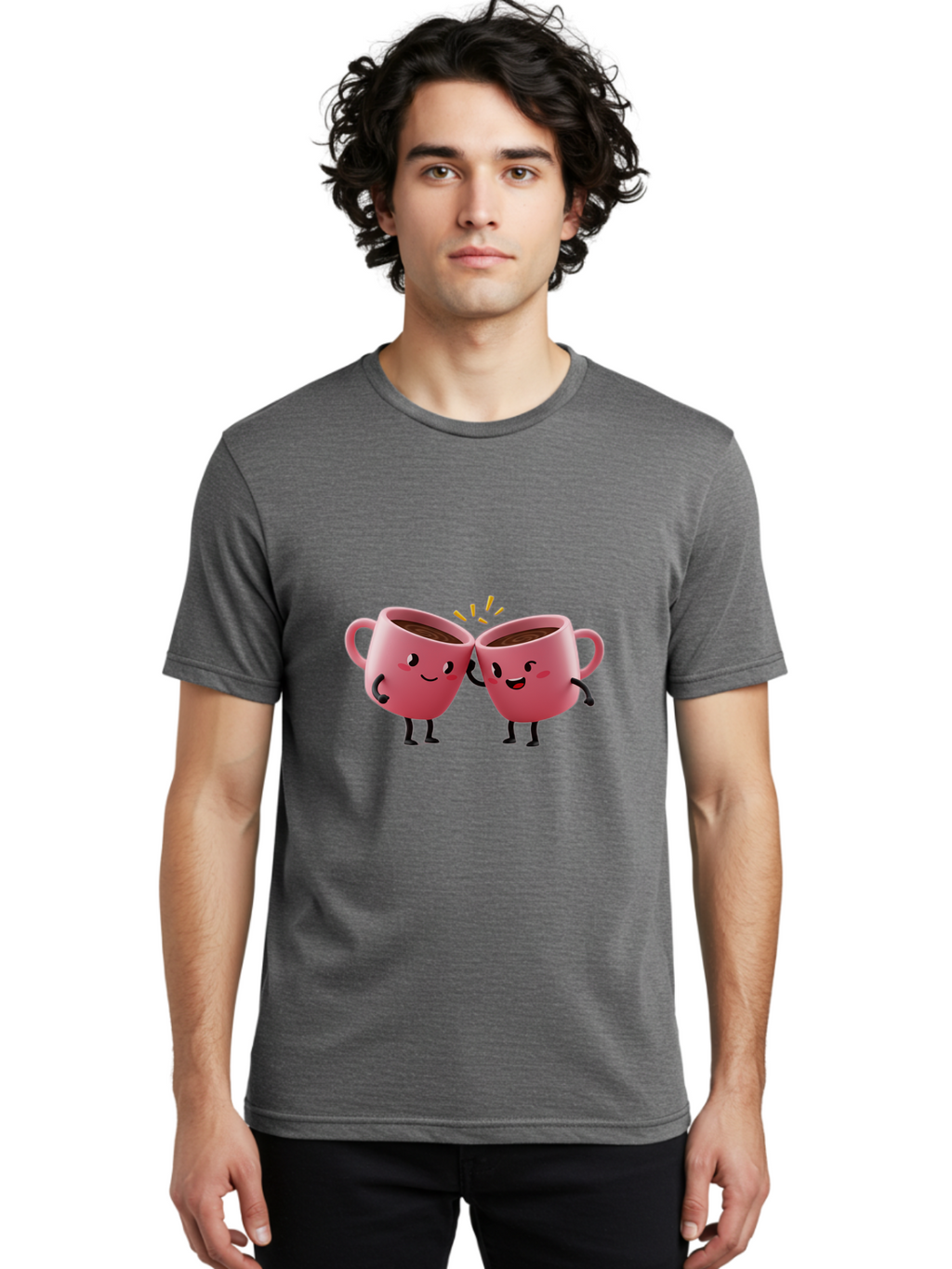Cups-Toasting Men'S Graphic Tee, 100% Cotton, Comfortable Casual Summer Wear, Machine Washable, Two Pink Coffee Mugs Cheering, Happy Coffee Cups, Cartoon Characters, Friendship, Coffee Break, Coffee Lovers, Adorable Illustration, Baa428