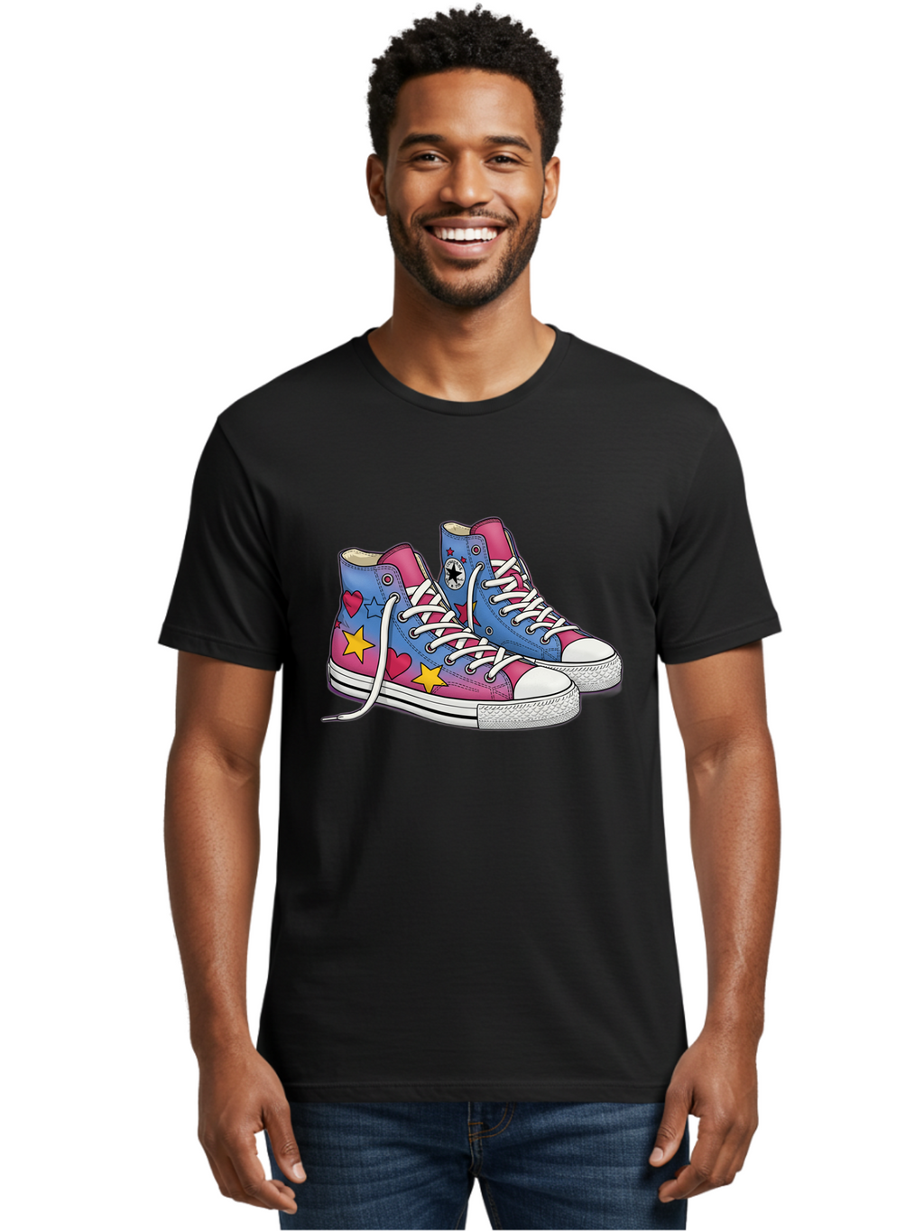 Custom-Converse Men'S Graphic Tee, 100% Cotton, Comfortable Casual Summer Wear, Machine Washable, Converse Shoes, High-Top Sneakers, Star And Heart Designs, Colorful Shoes, White Laces, Cartoon Style, Fashion Footwear, Custom Converse Baa429