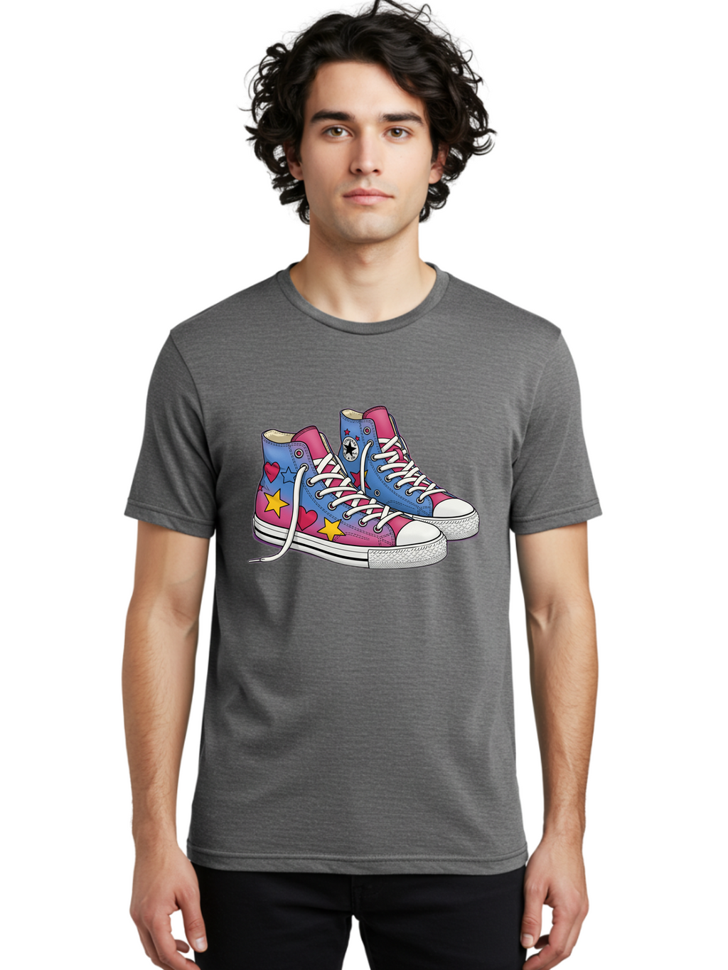 Custom-Converse Men'S Graphic Tee, 100% Cotton, Comfortable Casual Summer Wear, Machine Washable, Converse Shoes, High-Top Sneakers, Star And Heart Designs, Colorful Shoes, White Laces, Cartoon Style, Fashion Footwear, Custom Converse Baa429