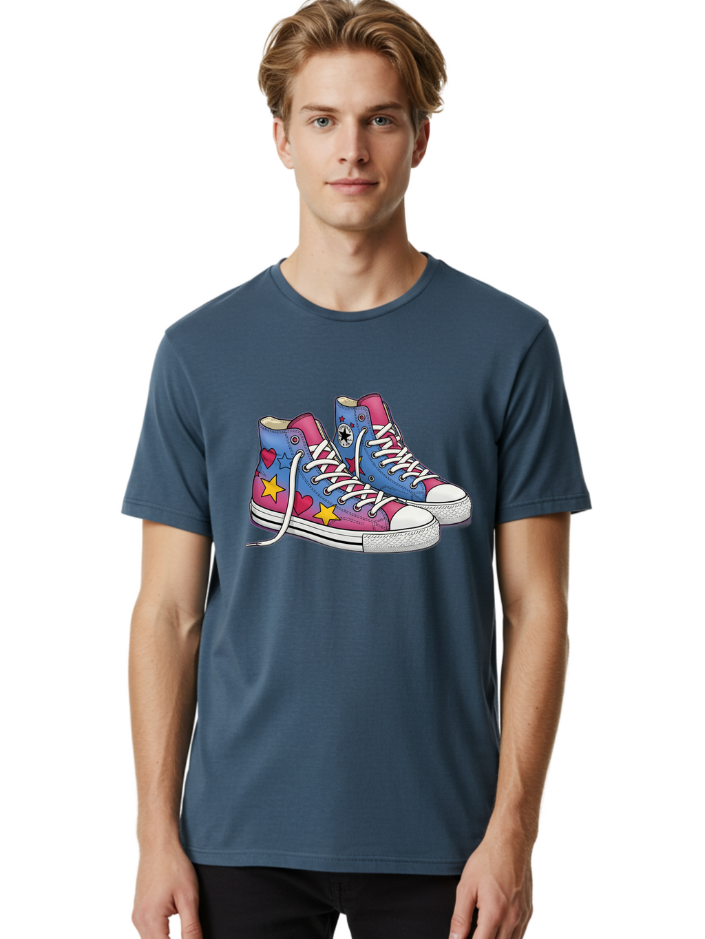Custom-Converse Men'S Graphic Tee, 100% Cotton, Comfortable Casual Summer Wear, Machine Washable, Converse Shoes, High-Top Sneakers, Star And Heart Designs, Colorful Shoes, White Laces, Cartoon Style, Fashion Footwear, Custom Converse Baa429