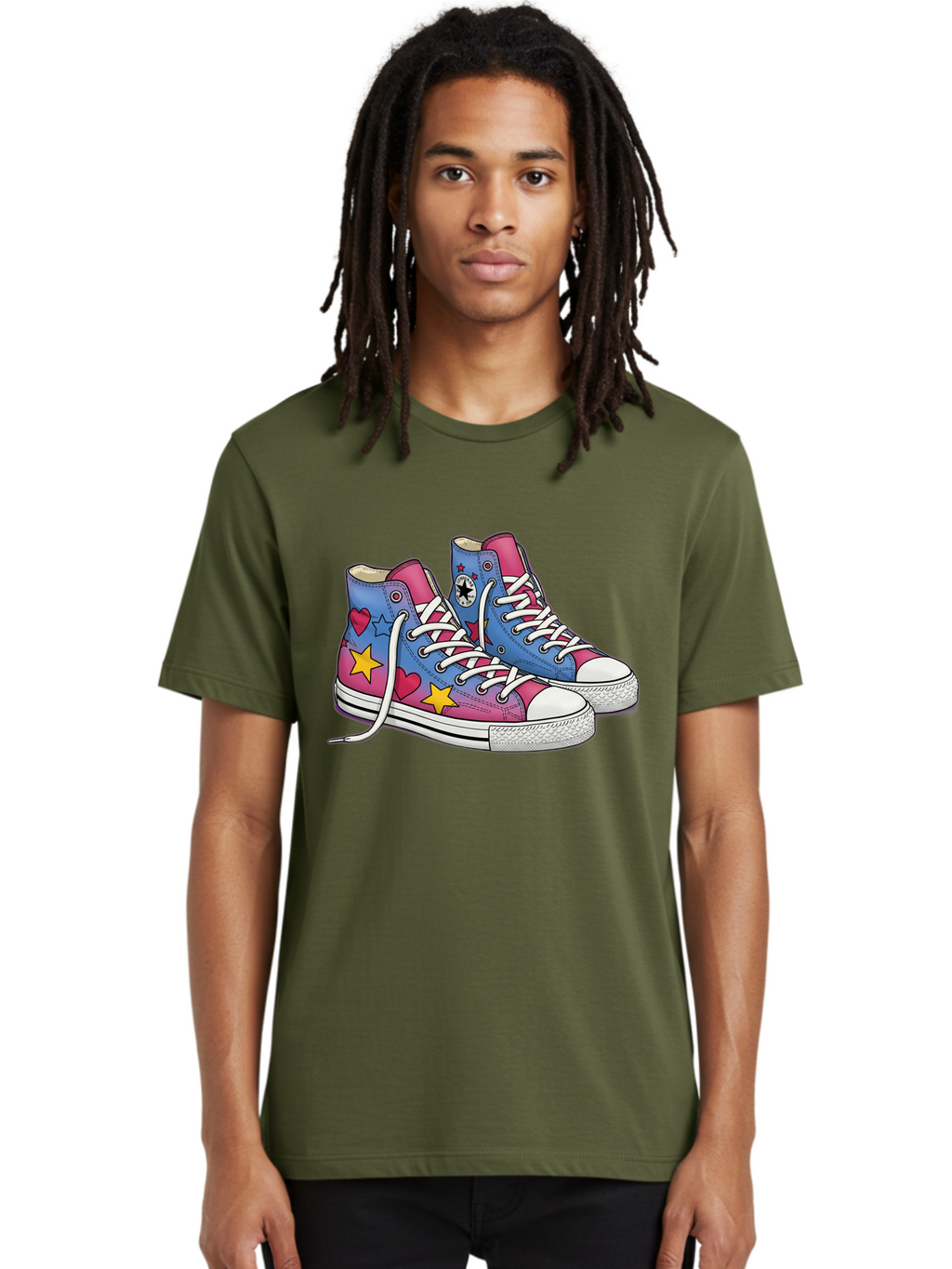 Custom-Converse Men'S Graphic Tee, 100% Cotton, Comfortable Casual Summer Wear, Machine Washable, Converse Shoes, High-Top Sneakers, Star And Heart Designs, Colorful Shoes, White Laces, Cartoon Style, Fashion Footwear, Custom Converse Baa429